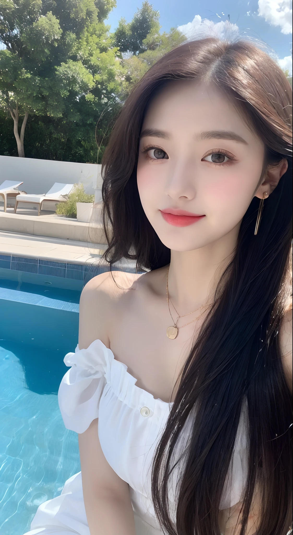bikini, medium_perky_breasts, deep cleavage, best quality, masterpiece, very delicate and beautiful, very detailed, CG, Unity, 8K wallpapers, amazing, fine detail, highly detailed CG Unity 8K wallpapers, huge file size, very detailed, high resolution, very detailed eyes and face, Stunning detailed eyes, light on the body, (best shadow: 1.1), ultra high resolution, (photorealistic: 1.3), realistic face proportions, slim, smile, (makeup: 0.4), (fluffy black eyes: 1.21), black eyes, single small mole under eye, looking away, silk brown hair, ponytail wavy hair, earrings, necklaces, hairpins, (wet skin:1.4), cowboy shots, (irregular irregular skin imperfections, veins, skin wrinkles pores: 1.2), indoor pool, (bokeh: 1.4),