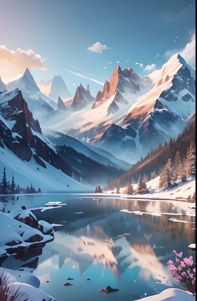 Mountains, Flowers and lakes in the foreground, majestic mountain peaks, epic mountains, 4k highly detailed digital art, Anime landscapes, beautiful mountains, beautiful mountains behind， snow mountains, Anime Nature, 8K high quality detailed art, detailed scenic view, snow mountains, epic beautiful landscape, anime landscape wallpapers, In snowy mountains and snow, scenery art detailed