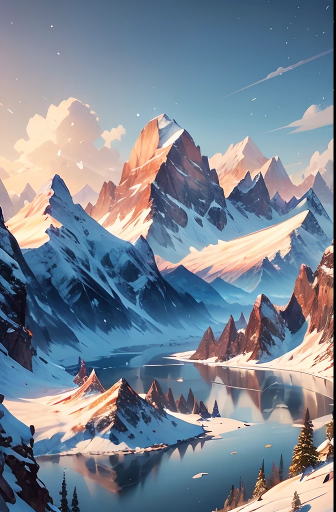 Mountains, Flowers and lakes in the foreground, majestic mountain peaks, epic mountains, 4k highly detailed digital art, Anime landscapes, beautiful mountains, beautiful mountains behind， snow mountains, Anime Nature, 8K high quality detailed art, detailed scenic view, snow mountains, epic beautiful landscape, anime landscape wallpapers, In snowy mountains and snow, scenery art detailed