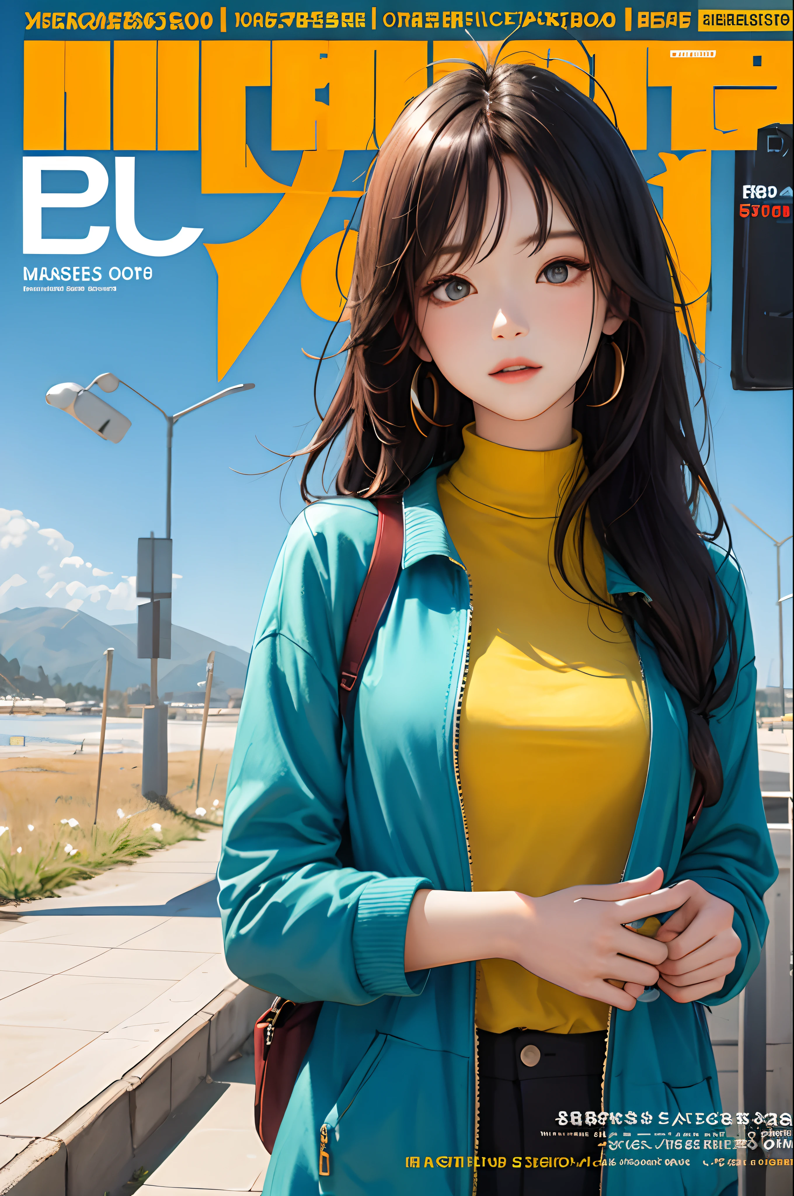 masterpiece, best quality, spring outfit, colorful hair, outdoor, magazine cover ,upper body,