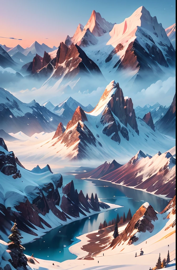 Mountains, Flowers and lakes in the foreground, majestic mountain peaks, epic mountains, 4k highly detailed digital art, Anime landscapes, beautiful mountains, beautiful mountains behind， snow mountains, Anime Nature, 8K high quality detailed art, detailed scenic view, snow mountains, epic beautiful landscape, anime landscape wallpapers, In snowy mountains and snow, scenery art detailed