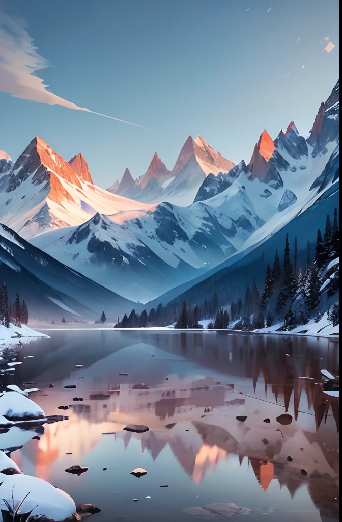 Mountains, Flowers and lakes in the foreground, majestic mountain peaks, epic mountains, 4k highly detailed digital art, Anime landscapes, beautiful mountains, beautiful mountains behind， snow mountains, Anime Nature, 8K high quality detailed art, detailed scenic view, snow mountains, epic beautiful landscape, anime landscape wallpapers, In snowy mountains and snow, scenery art detailed