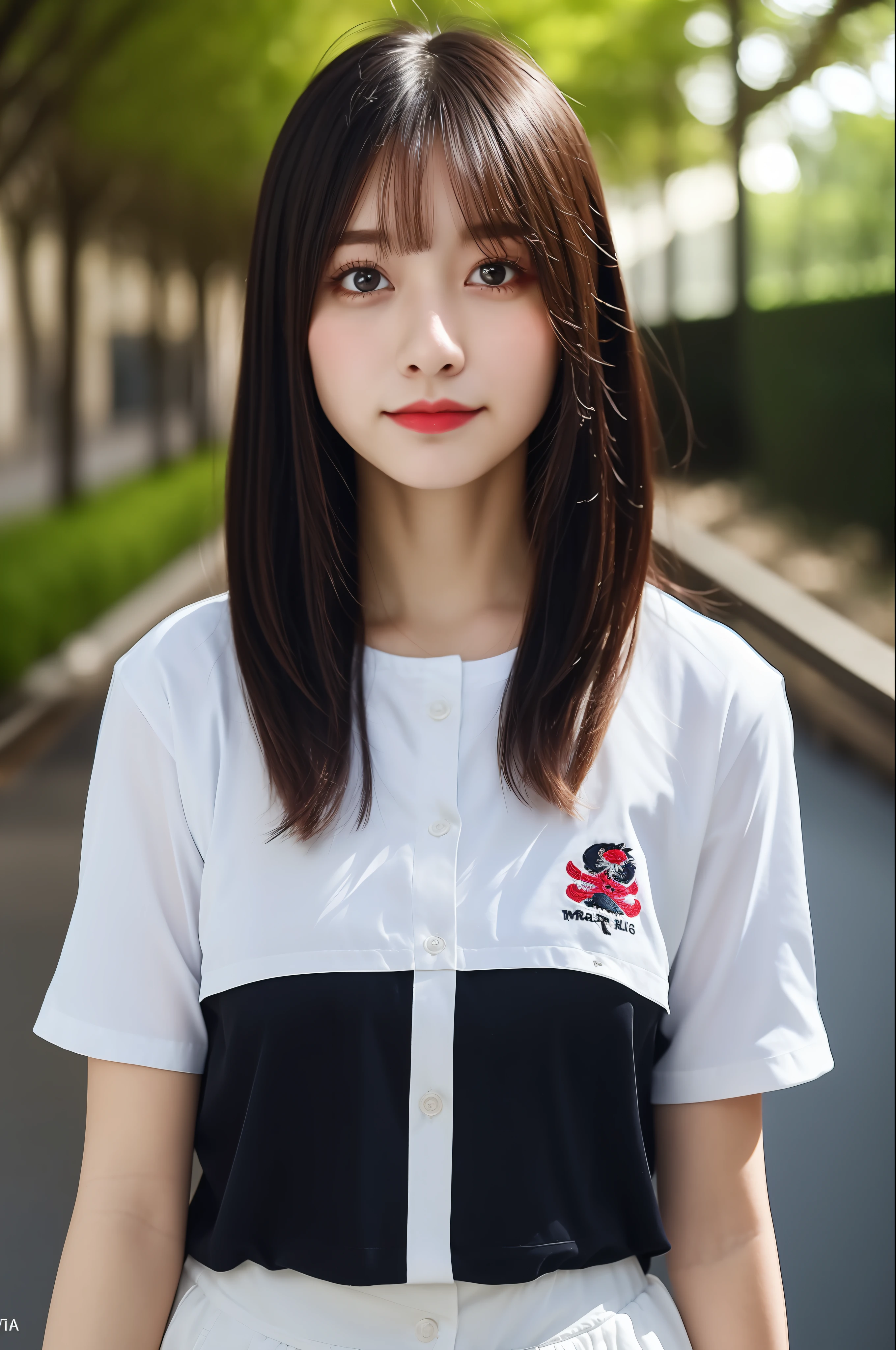 (8K, 4K, Best Quality, High Definition, Ultra High Definition: 1.1), (Masterpiece, Realistic, Photorealistic: 1.1), One Girl, Japan Person, Cute, College Student, Black Hair Short, White Short Sleeves, Background Blur, Light Clothing, Background Simple