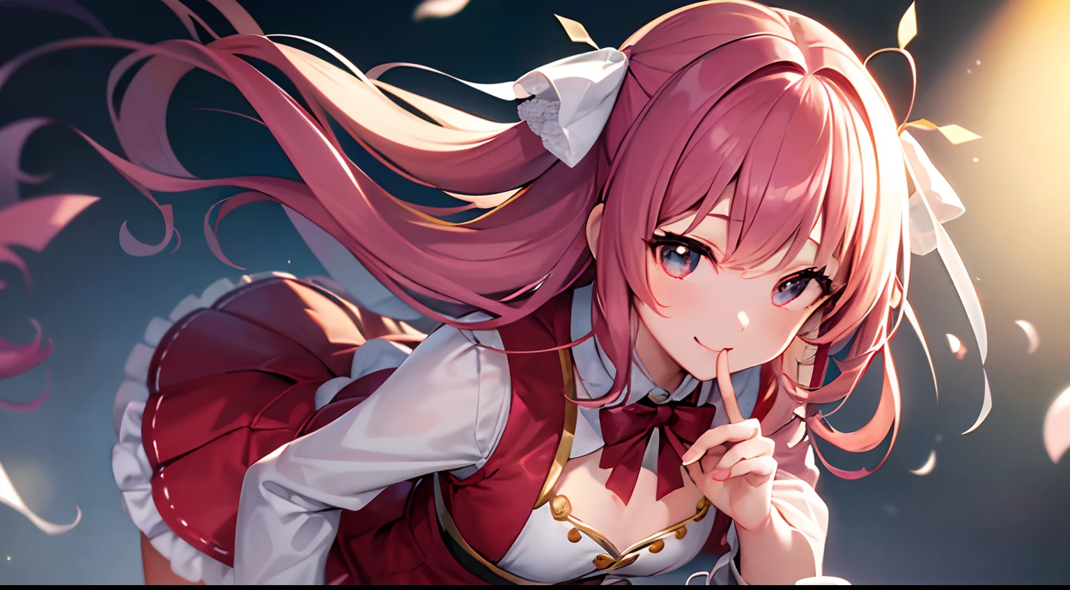 top-quality、masutepiece、Hyperreal Stick、１６Ｋwall-paper、Quality Improvement、intricate detailes、Realistic eyes、Maintaining the shape of the fingers、Realistic on nails、Masterpiece to the smallest detail、perfect anatomia、Third-person perspective、The angle is frontal、a closeup、girl with、独奏、modeled、Small Devil、Cool Beauty、Put your hands forward、Heart shape with fingertips、Blouse、White lace、a miniskirt、a red skirt、Hairstyle Long、waved hair、Embarrassing、smil、 Gap Moe、absurderes、 modelshoot、Fantastic、happening、impulsive、A natural heroine、Photo resolution: 6000 x 4000 pixels、 form: .png、 lens: 50mm f1.2、 Focal length: 70mm、 shibori: F2.0、 Shutter Speed: 1/250 second、 .ISO: 200 White、Balance: Auto Exposure、Correction: +0.5、 The Flash: AB