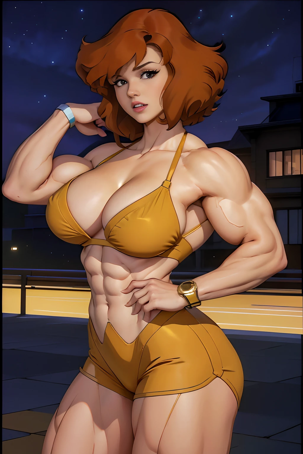 Cowboy shot, April O'Neill, 1980s \(style of\), 1girl, Very muscular girl, brown hair, orange hair, retro artstyle, Short hair, Yellow bikini, , big_TITTIES, huge biceps, wide hips, cleavage, night city background, hypermuscles