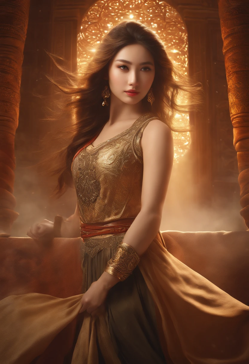 (RAW photo, best quality), (realistic, photo-realistic:1.3),best quality,highly detailed,masterpiece,ultra-detailed,illustration,1girl,upper_body,dynamic angle,world masterpiece theater,messy_long_hair,best quality,extremely detailed CG unity 8k wallpaper,ink,Amazing,cinematic lighting,lens_flare, dunhuang_style