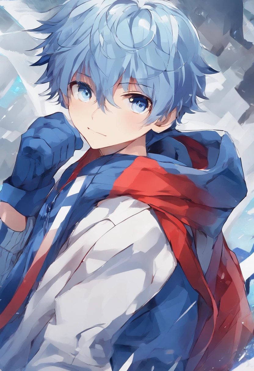 A boy, anime style, blue and white sweater, short blue hair, ripped sweater, blood from mouth, ripped jeans, boxing stance, dark blue eyes, eyes glowing blue, long blue scarf flowing in the air, 4K high-definition quality，young, smirking, handsome