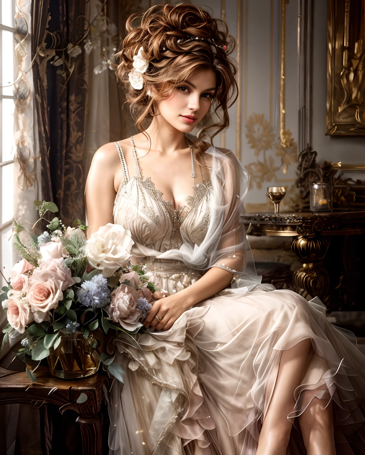 Farbenfrohes RAW-Foto, Detailliert, Frau (Eva Mendes:0.7) wears an intricate dress, das Kleid hat einen sehr tiefen Ausschnitt, Woman has a beautiful bosom, Woman has a sensual seductive smile, Sharp resolution, bokeh, (Hochdetailliertes Fell:1.2), 8K UHD, DSLR, dunkles, weiches Licht von Kerzen, High quality, Filmkorn, Fujifilm XT3
