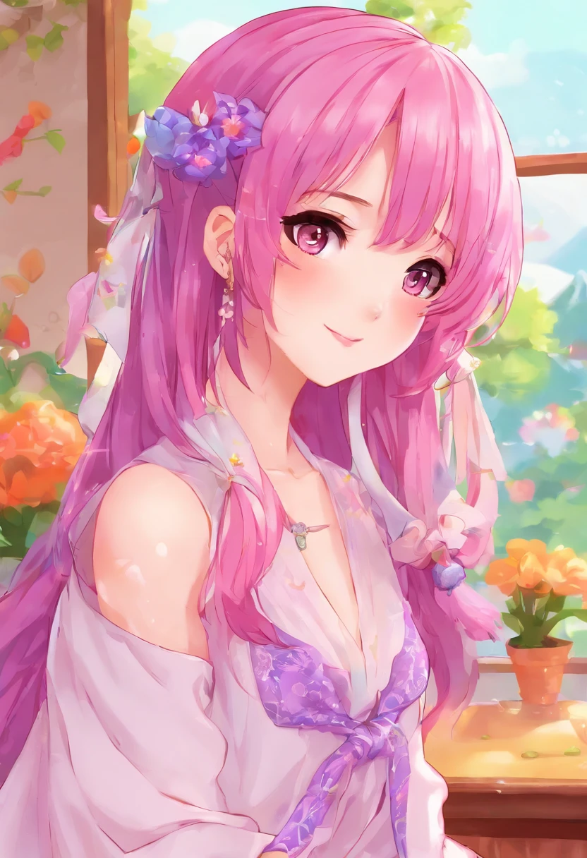 Pinkish-purple hair,Medium Hair,medium breasts, deadpan,Slender girl,full bodyesbian,robe blanche,