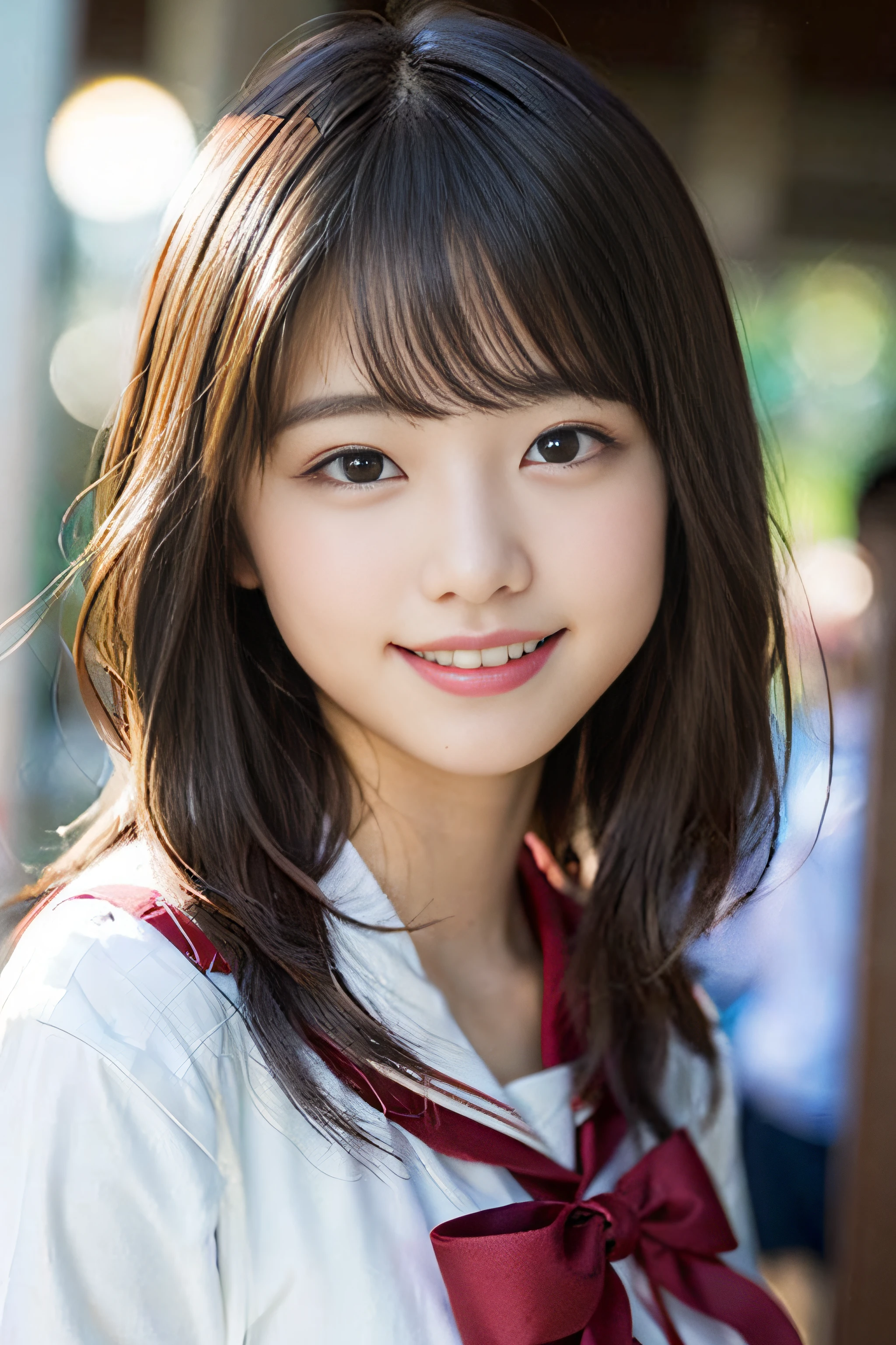 (8K、Raw photography、top-quality、masterpiece:1.2)、(realisitic、Photorealsitic:1.37)、ultra-detailliert、超A high resolution、女の子1人、see the beholder、beautifull detailed face、A smile、Constriction、(Slim waist) :1.3)、Beautiful detailed skin、Skin Texture、Floating hair、Professional Lighting、Whole human body、Longhaire、a blond、japanese hight school uniform、a sailor suit、matriculation、、Bob Hair、E-cup、Happy smile、sixteen years old、Red ribbons、a baby face、Childish smile、Suppin、Moisturizing lips、Thin pink lips、