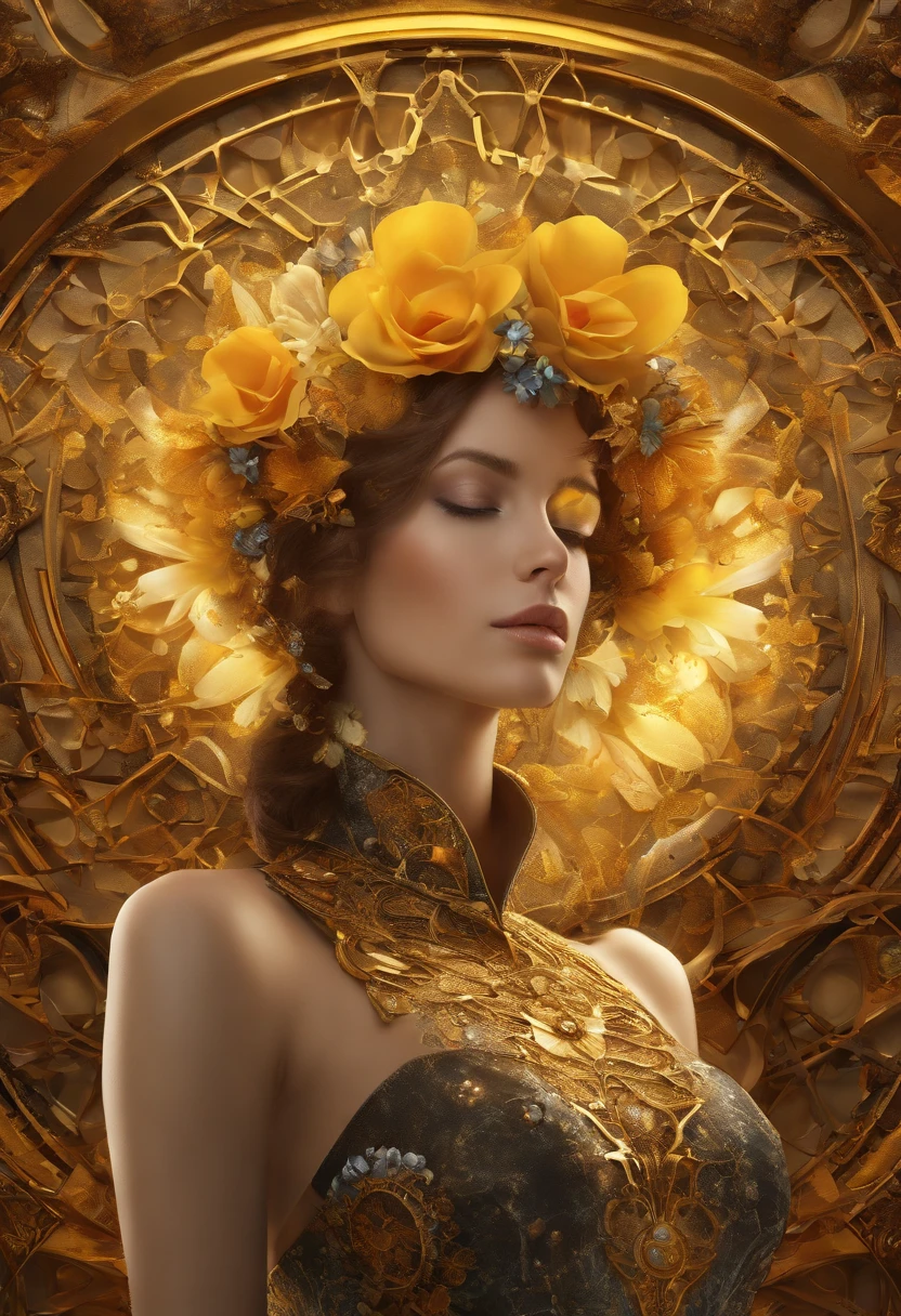 Absurd, high-res, ultra-detail, (1girll:1.3), fantasy steampunk series , hallucination, Fractal format, Geometric shapes, dynamic, brightly colored, (floral, petals), (Gold & Yellow:1),