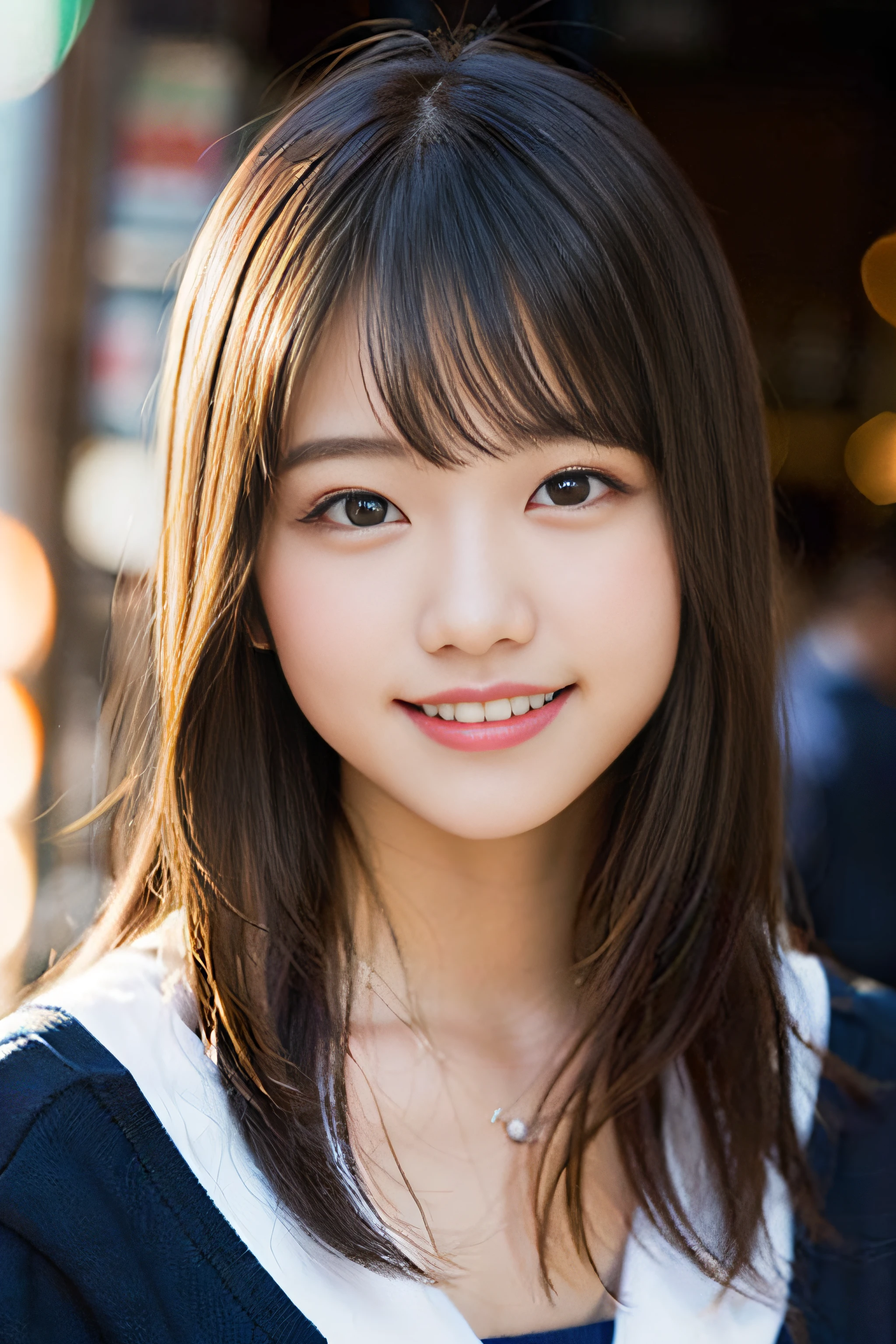 (8K、Raw photography、top-quality、​masterpiece:1.2)、(realisitic、Photorealsitic:1.37)、ultra-detailliert、超A high resolution、女の子1人、see the beholder、beautifull detailed face、A smile、Constriction、(Slim waist) :1.3)、Beautiful detailed skin、Skin Texture、Floating hair、Professional Lighting、Whole human body、Longhaire、a blond、japanese hight school uniform、a sailor suit、matriculation、、Bob Hair、E-cup、Happy smile、、Red ribbons、a baby face、Childisuppin、Moisturizing lips、Thin pink lips、