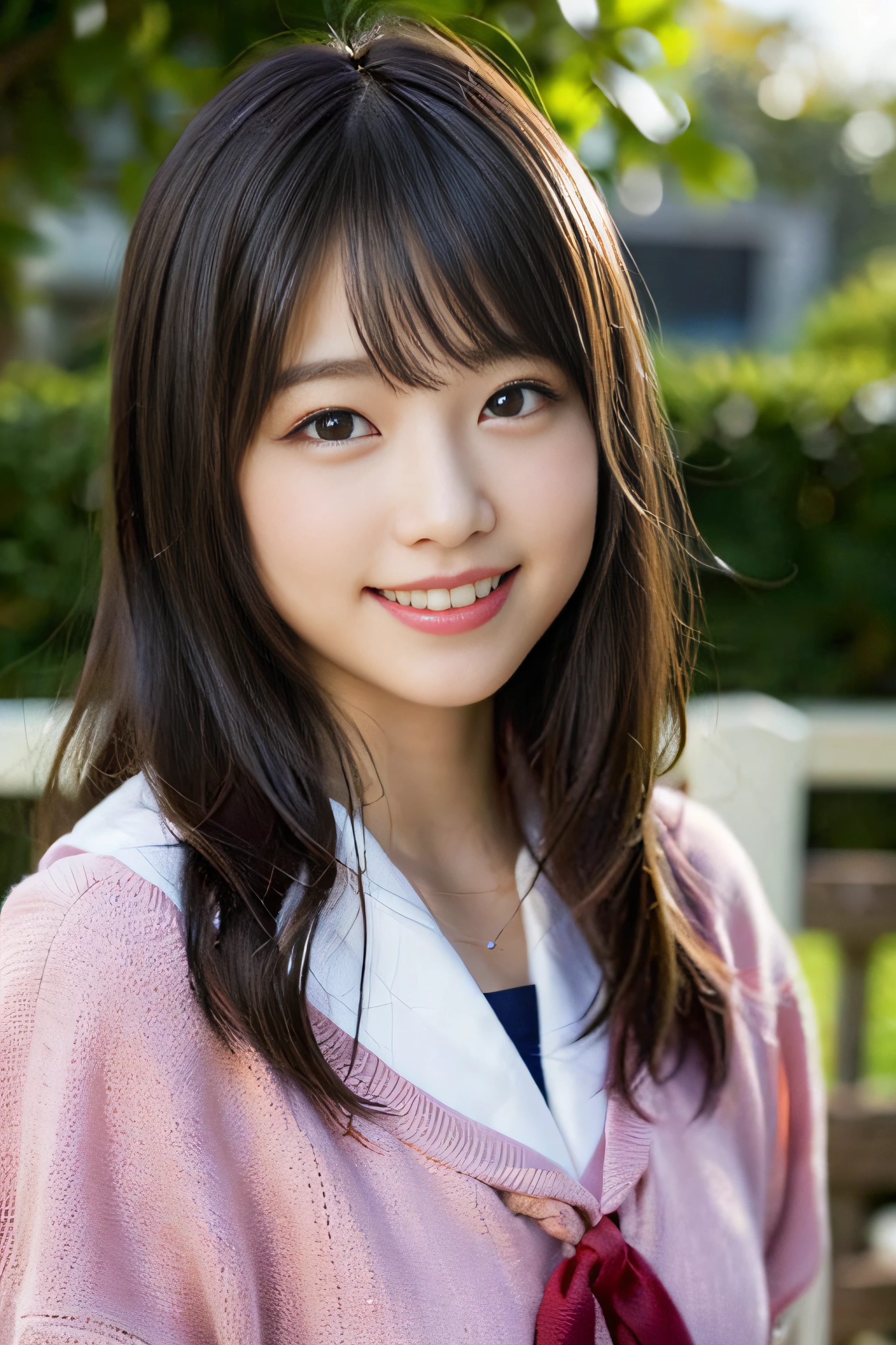 (8K、Raw photography、top-quality、​masterpiece:1.2)、(realisitic、Photorealsitic:1.37)、ultra-detailliert、超A high resolution、女の子1人、see the beholder、beautifull detailed face、A smile、Constriction、(Slim waist) :1.3)、Beautiful detailed skin、Skin Texture、Floating hair、Professional Lighting、Whole human body、Longhaire、a blond、japanese hight school uniform、a sailor suit、Bob Hair、E-cup、Happy smile、sixteen years old、Red ribbons、a baby face、Childish smile、Suppin、Moisturizing lips、Thin pink lips、Nostalgic countryside、Game Center