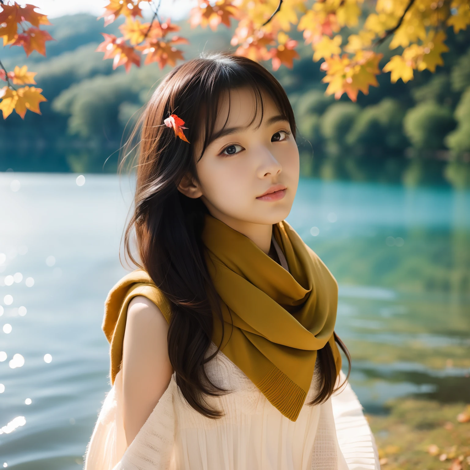 Beautuful Women、18year old 、body shot、Colored leaves、lake