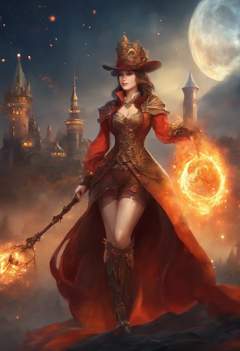 detail, 8k quality, 3d render, cg effect, fantasy, Japanese lady, long hair, brown hair, full body, holding long fire element magic staff, fire particles, casting fire spell with hand, standing, solo, open legs, low angle view, steampunk style clothing(brown, white), brown steampunk hat, black steam punk style dresses, gold necklace(diamond gem), red eyes, correct eyes, detail eyes, correct hand, correct leg, (((full body))), (((powerful))), (((confident))), (((determinative))), night, starry sky, fantasy steampunk castle, full-moon, some flame butterfly flying on the sky, (((fire particles)))