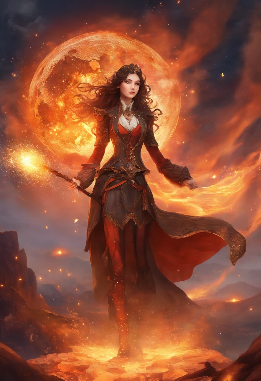 detail, 8k quality, 3d render, cg effect, fantasy, Japanese lady, long hair, brown hair, full body, holding long fire element magic staff, fire particles, casting fire spell with hand, standing, solo, open legs, low angle view, steampunk style clothing(brown, white), brown steampunk hat, black steam punk style dresses, gold necklace(diamond gem), red eyes, correct eyes, detail eyes, correct hand, correct leg, (((full body))), (((powerful))), (((confident))), (((determinative))), night, starry sky, fantasy steampunk castle, full-moon, some flame butterfly flying on the sky, (((fire particles)))