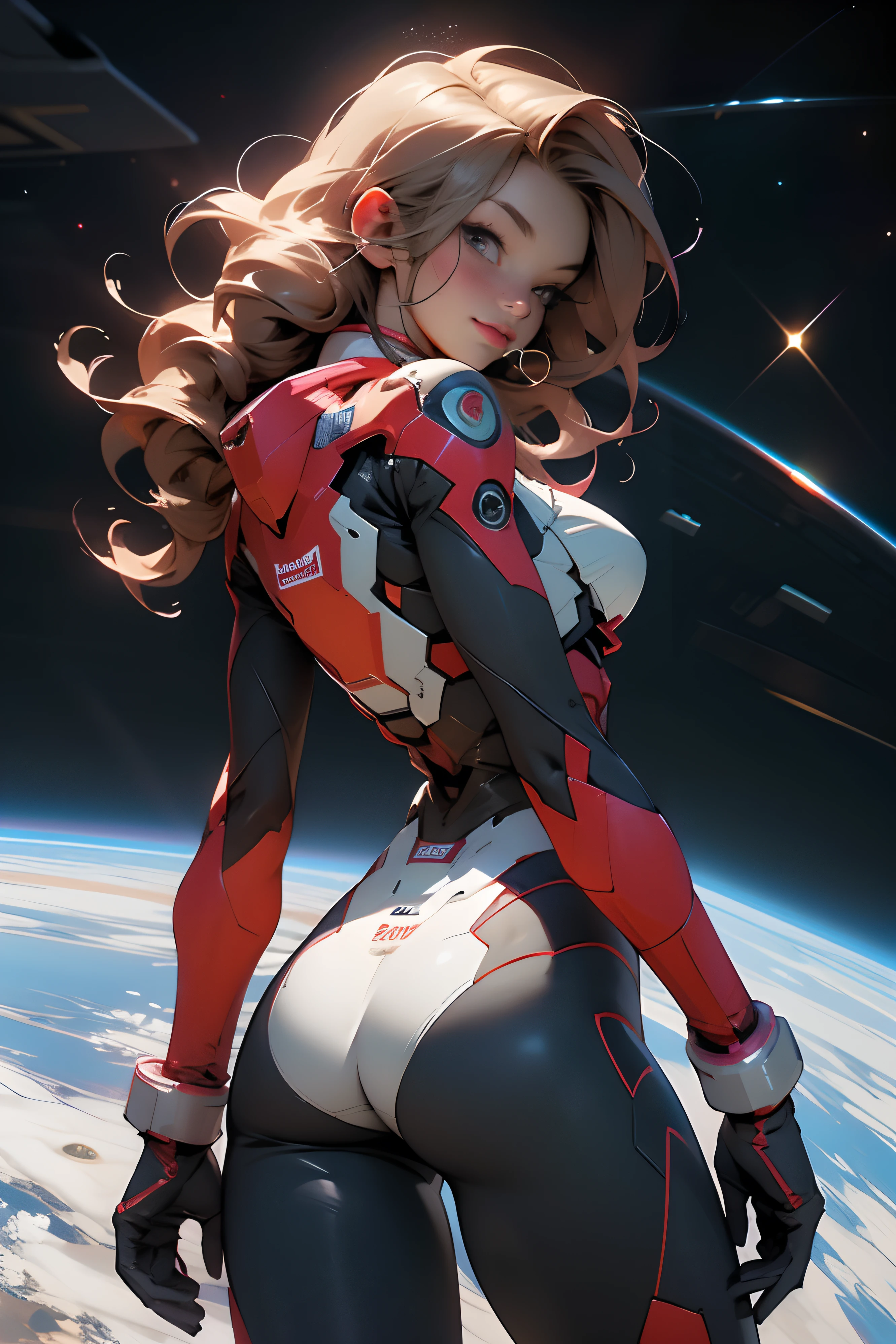rear view, backside view, sandy hair, fit body, large breasts, slender thighs, slender waist, pilot suit, solo, looking away from the viewer, not looking at viewer, in space, long hair, blushing, slight smile, 8k, extreme detail, sharp detail on face, beautiful face,