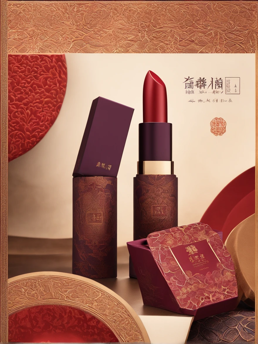 packaging design，Lipstick packaging，Traditional Chinese patterns，Matte matte，Deep purple and light amber