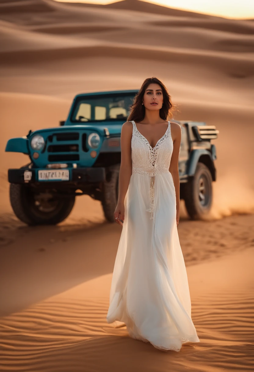 0k, RAW photo, best quality, masterpiece: 1.2), (realistic, photorealistic: 1.37), A 21 years Turkish Beautiful woman, Wearing Maria B brand Dress, at sahara Desert Nightscape , Arabic camp, Near Nissan Parol Jeep, Mehwish Hayat,Bokeh