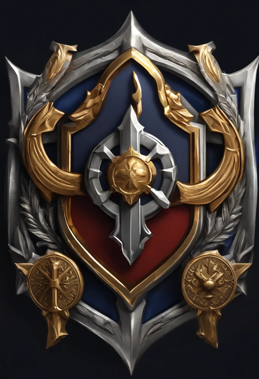 (Game achievement badge design),silver medal,Flat 2D Effects,Wheat border ears,(In the center of the medallion is、、There is an icon at the intersection of the hammer and wrench)、sword and magic