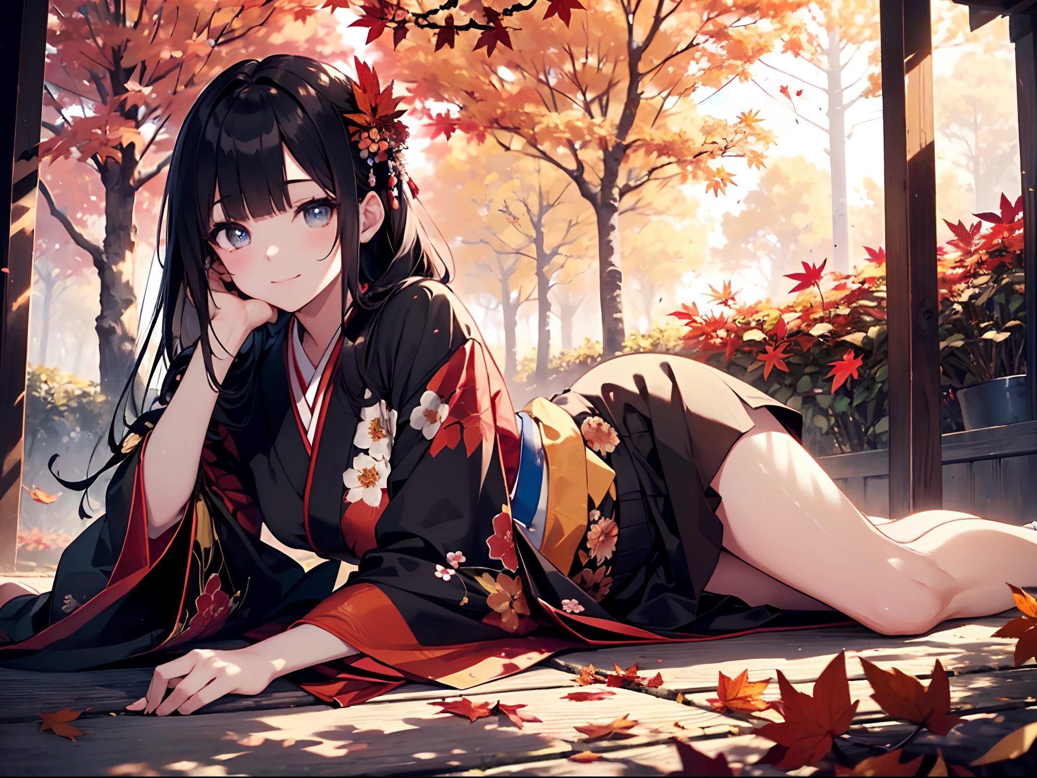 (Official art、Best Quality、Unity 8k Wallpapers、32K、masterpiece、ultra-detailliert、超A high resolution、realisitic、Photorealsitic:1.2)、(Cinematic lighting:1.2)、Fireglow effect、film grains、Best Shadows、Rim lighting、side lights、sideshot、(Ultra-detailed and complex 3D rendering)、Sharp pupils、Realistic pupils、cowboy shot, Highly detailed background、beauitful face、blurry backround、a beauty girl、(super detailed skin、detailed skin textures:1.3)、Close-up of a statue in a field of red leaves, covered with fallen leaves, Red leaves on the ground, Autumn garden, Beautiful Autumn Spirits, covered with leaves, aomori japan, Cute, in autumn, red leaves, in japanese garden, in autumn, during autumn, autum, traditional japanese colors, japan nature、(Sleeping on the ground:1.3)、(outside of house、Kimono、Floral hair ornament、beauty legs)、20Year Beauty、Beautiful black hair、Blunt bangs、eyes are brown、looking happy smile、