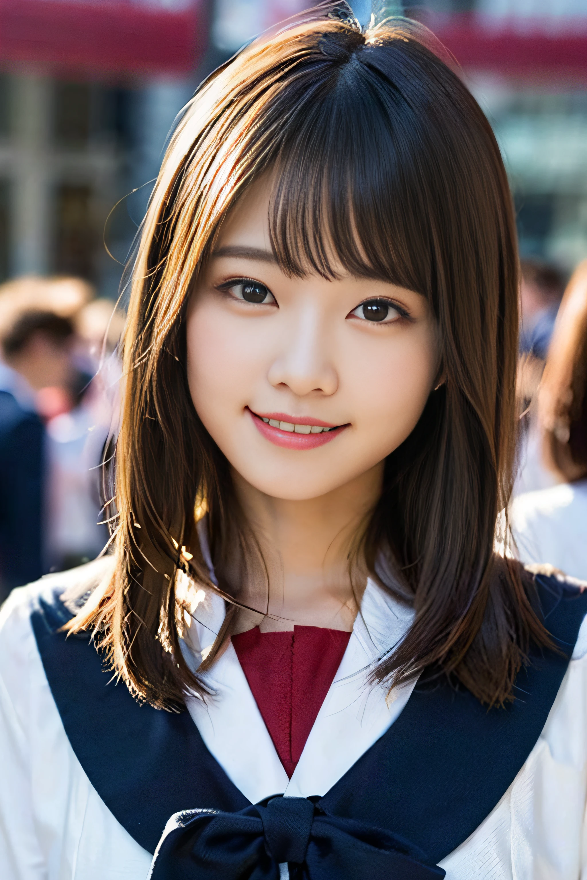 (8K、Raw photography、top-quality、​masterpiece:1.2)、(realisitic、Photorealsitic:1.37)、ultra-detailliert、超A high resolution、女の子1人、see the beholder、beautifull detailed face、A smile、Constriction、(Slim waist) :1.3)、Beautiful detailed skin、Skin Texture、Floating hair、Professional Lighting、Whole human body、Longhaire、a blond、japanese hight school uniform、a sailor suit、Bob Hair、E-cup、Happy smile、、Red ribbons、a baby face、Childisuppin、Moisturizing lips、Thin pink lips、Background of the mythical world