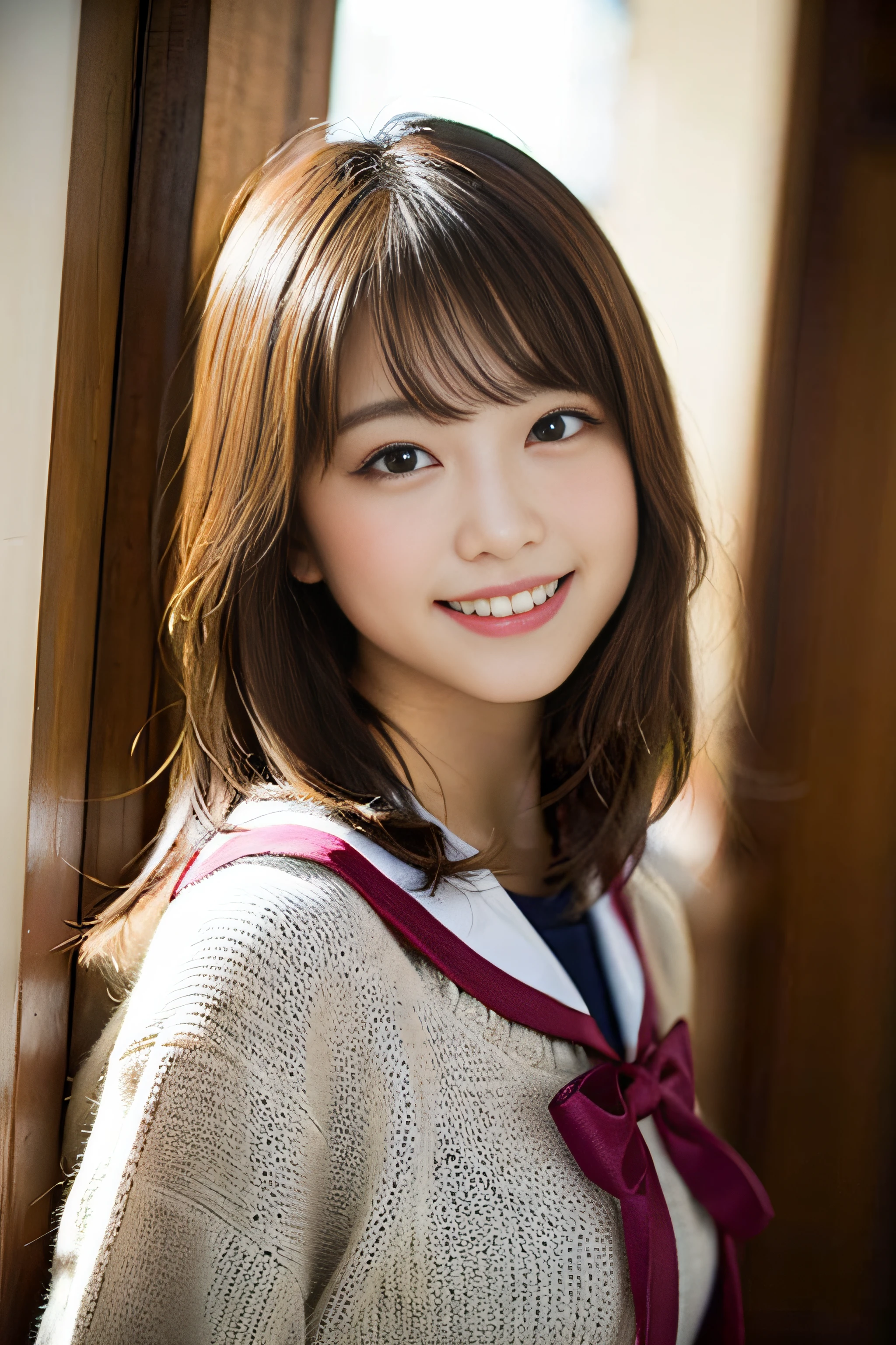 (8K、Raw photography、top-quality、masterpiece:1.2)、(realisitic、Photorealsitic:1.37)、ultra-detailliert、超A high resolution、女の子1人、see the beholder、beautifull detailed face、A smile、Constriction、(Slim waist) :1.3)、Beautiful detailed skin、Skin Texture、Floating hair、Professional Lighting、Whole human body、Longhaire、a blond、japanese hight school uniform、hi-school girl、School route、super car、Red ribbons、Bob Hair、Happy smile、Childish smile、Suppin、Dark blue cardigan