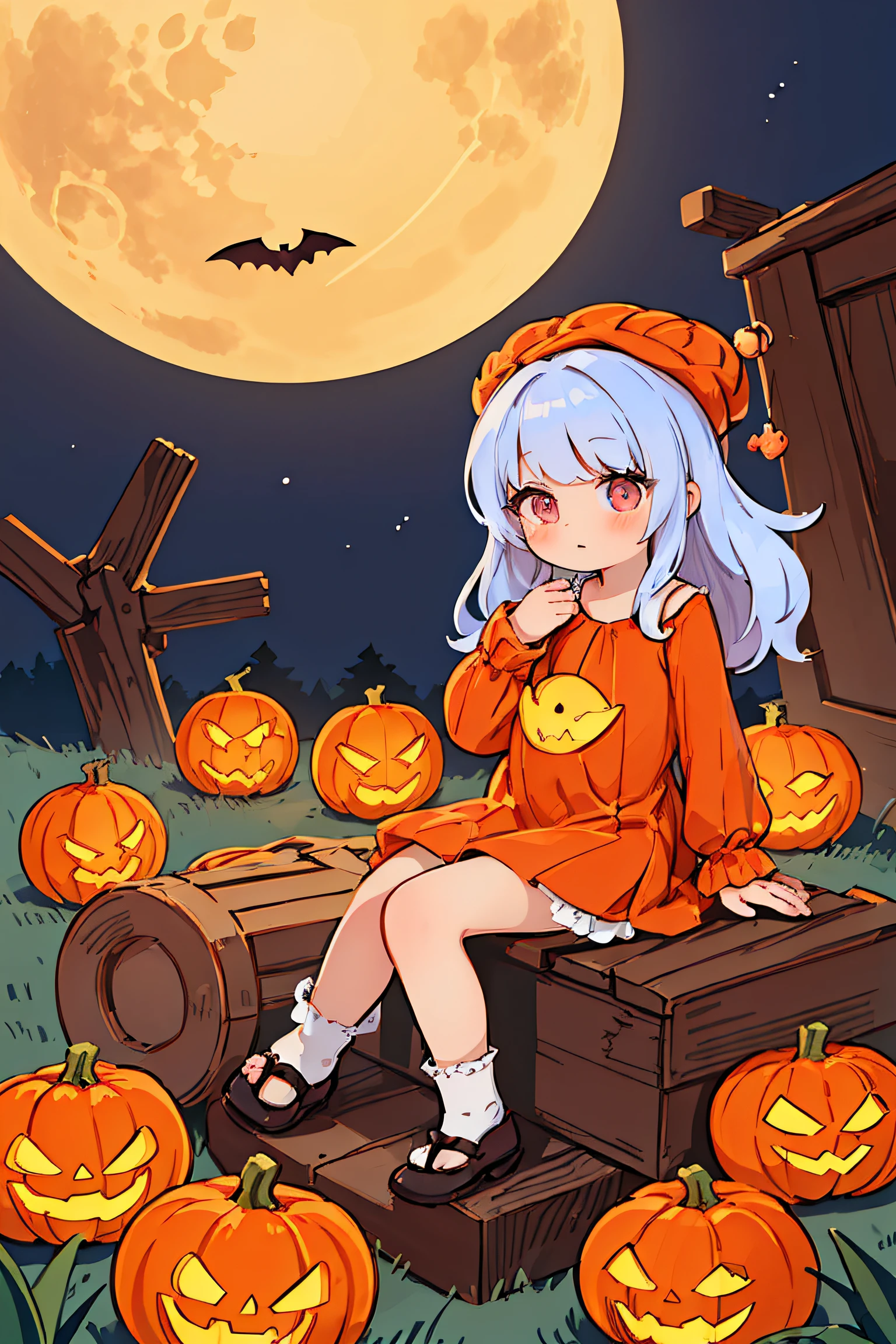 (((Best quality))), ((Ultra-detailed)), ((illustration)), ((Disheveled hair)), ((frilld)), (1 girl),(Solo),1girll，Red Moon，borgar，Pumpkin head covering，the bats，waxy candles