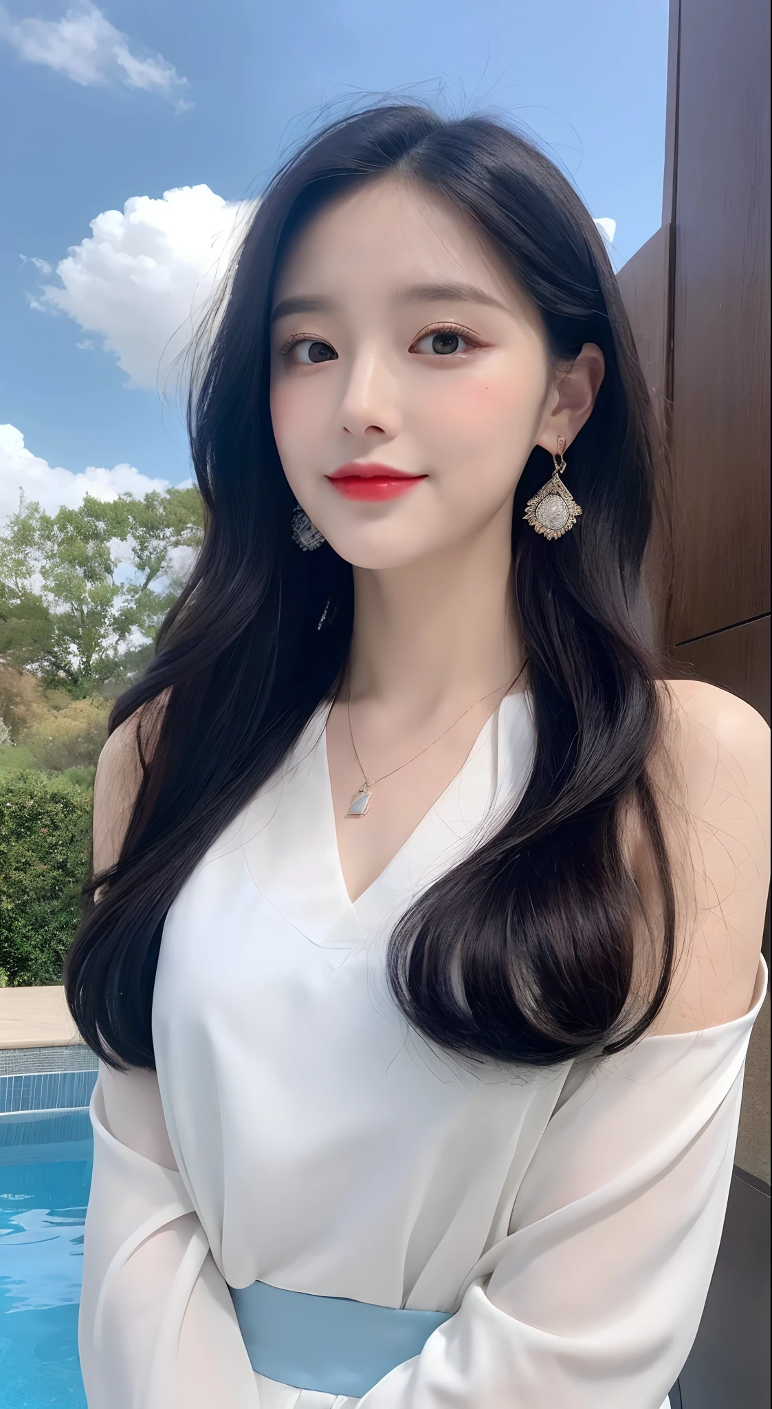 （best qualtiy, 8K, tmasterpiece:1.3)), A pretty maiden，Pure，Melon seed face，gentle and cute，A sweet smile，Pure desire，Thin stature，(frontage)，(Tilt your head)，staring right into camera，uniform, Obi, formal，Black silky long, Straight hair，Long hair flowing over the shoulders，round black big eyes，Clear big eyes，Hydrated red lips，Sweet，Beautiful necklace，Delicate stud earrings，Sit by the pool，with blue sky and white clouds，Blue skies，