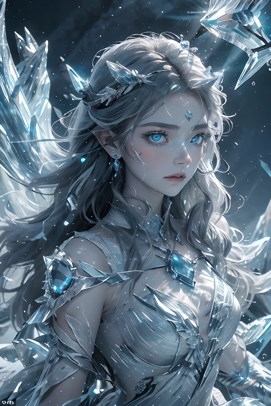 "(Masterpiece, Best Quality, Cinematic Lighting), (Extremely detailed CG Unity 16K wallpaper), Solo, 1 person, ethereal Ice Goddess, (finely detailed true circle Symmetrical eyes), (Eyes that glow icy blue in the dark:1.8), (A pair of deep blue eyes with strong sapphire light emitting from within:1.7), bioluminescence. Her eyes are the focal point, telling tales of ancient frosts and frozen realms. Chiseled features, a delicate face surrounded by frosty, shimmering white hair. In her right hand, she wields an intricate ice scepter, while her left hand conjures a powerful spell, freezing everything in its path. She stands atop a towering ice cliff overlooking a vast frozen kingdom; below, a serene frozen lake mirrors the auroras dancing in the twilight sky. Ancient, gnarled trees made entirely of ice frame her, their branches twinkling with thousands of frozen stars. Ice dragons spiral overhead, their breath crystallizing the air, while ice phoenixes rest gracefully on her shoulders, their feathers shimmering in moonlight. The distant sound of cracking glaciers and whispering winds sings of her power and legacy, creating an ambiance of chilling elegance. Every element of the background amplifies her dominance, showcasing her as the true queen of this icy realm."