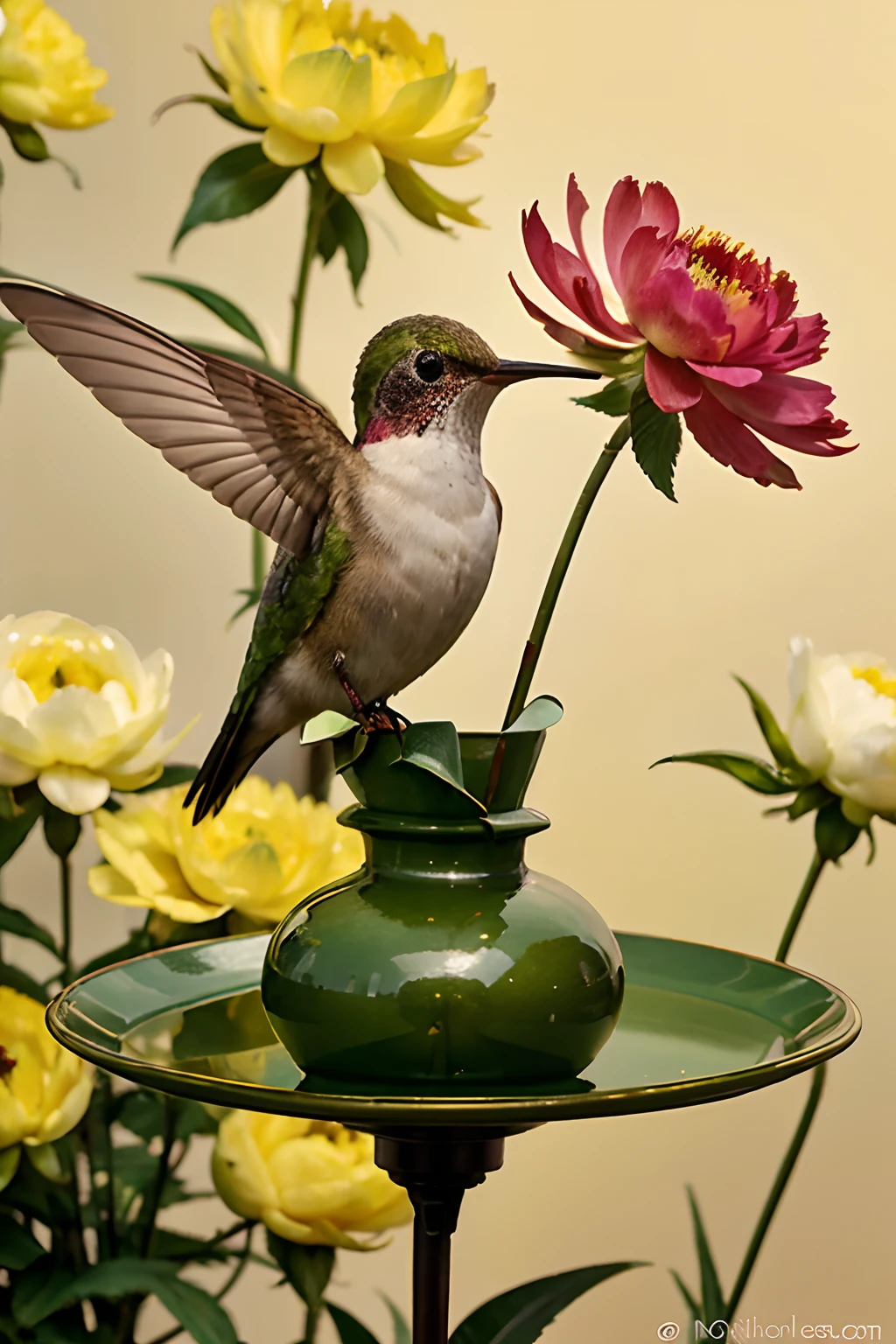 Hummingbird perched on yellow peony