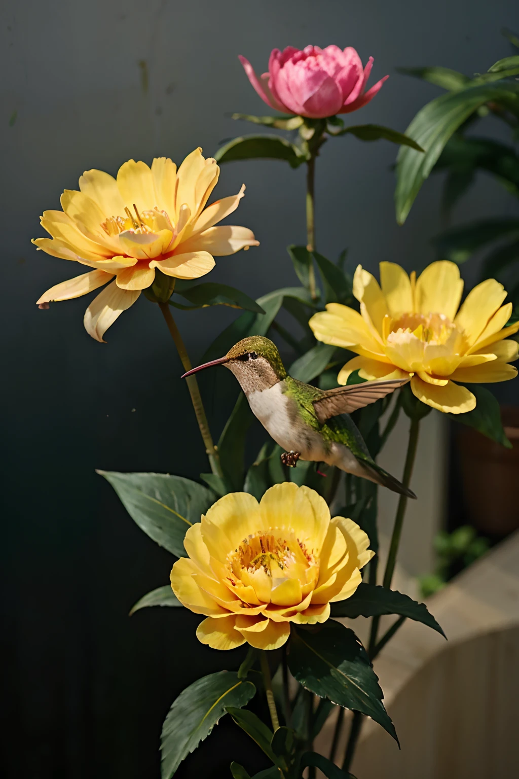 Hummingbird perched on yellow peony