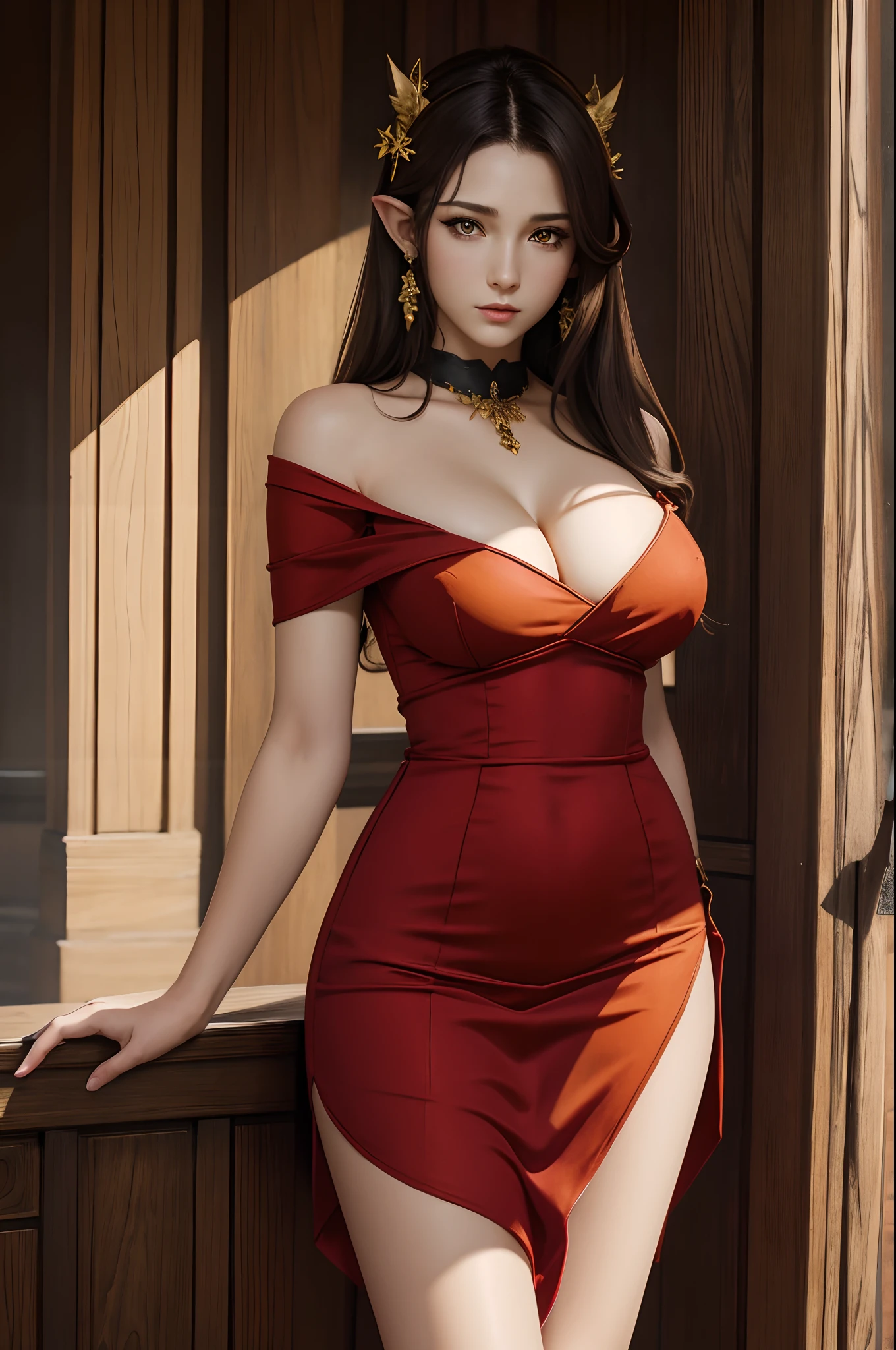 masterpiece, highres, best quality, highly detailed, wallpaper, painterly, brush strokes, pointy ears, yellow eyes, slit pupils, beautiful woman, large breasts, red dress