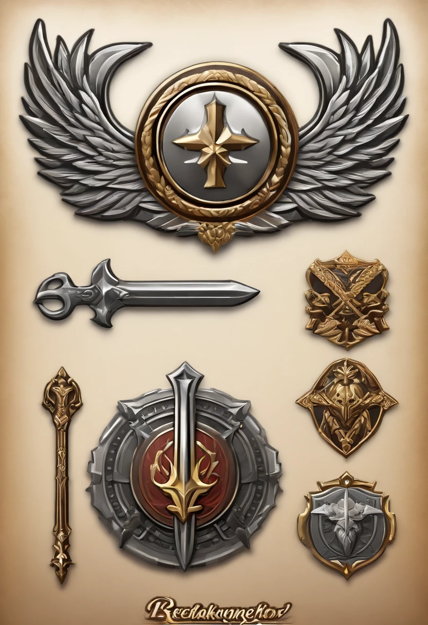 (Game achievement badge design),silver medal,Flat 2D Effects,Wheat border ears,(In the center of the medallion is a sword、There is an icon at the intersection of the hammer and wrench)、sword and magic