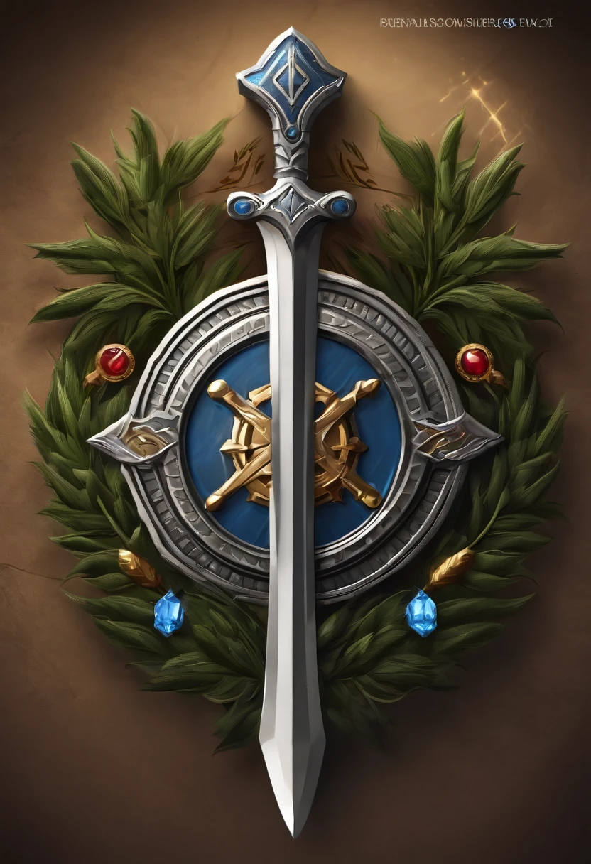 (Game achievement badge design),silver medal,Flat 2D Effects,Wheat border ears,(In the center of the medallion is a sword、There is an icon at the intersection of the hammer and wrench)、sword and magic