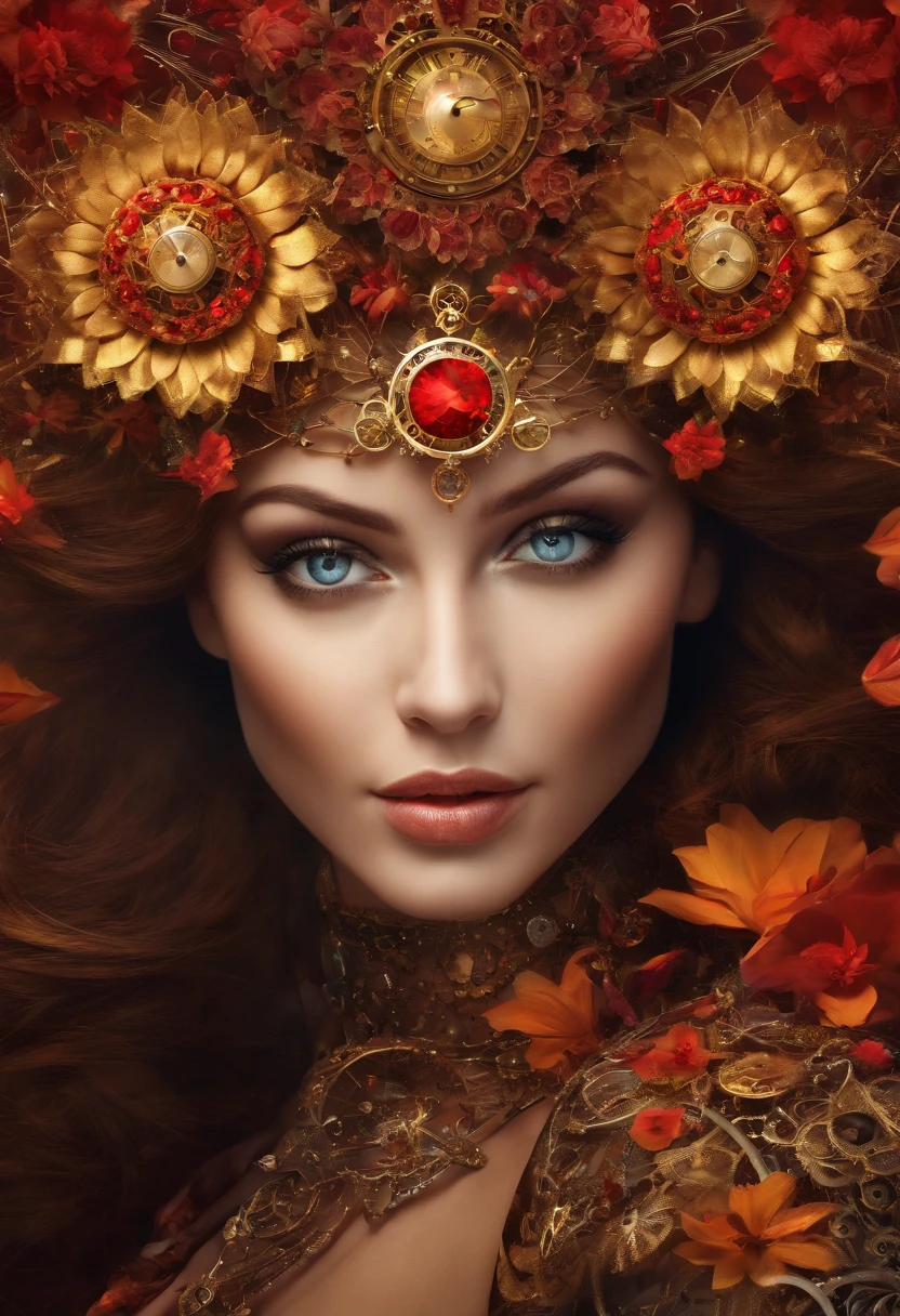 Absurd, high-res, ultra-detail, (1girll:1.3), Steampunk Series Fantasy , optical illusion, Fractal format, Geometric shapes, dynamic, brightly colored, (floral, petals), (gold & red:1),