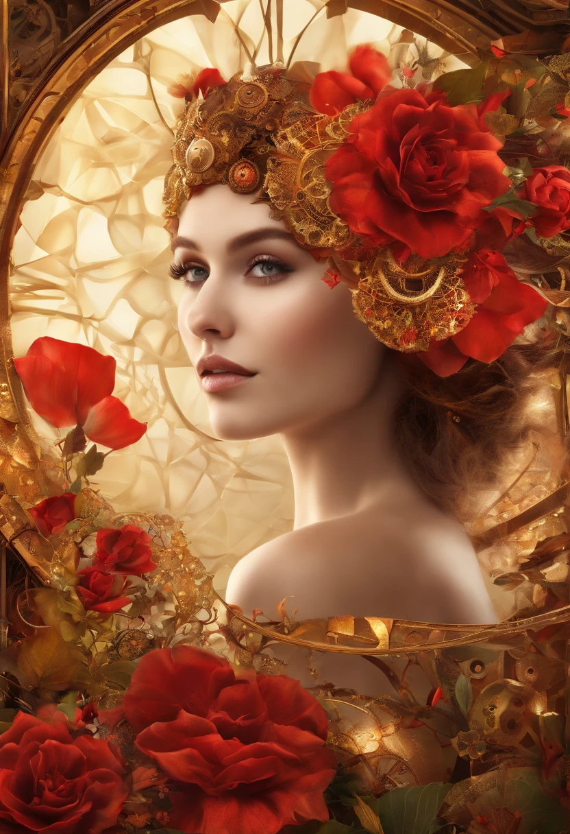 Absurd, high-res, ultra-detail, (1girll:1.3), Steampunk Series Fantasy , optical illusion, Fractal format, Geometric shapes, dynamic, brightly colored, (floral, petals), (gold & red:1),
