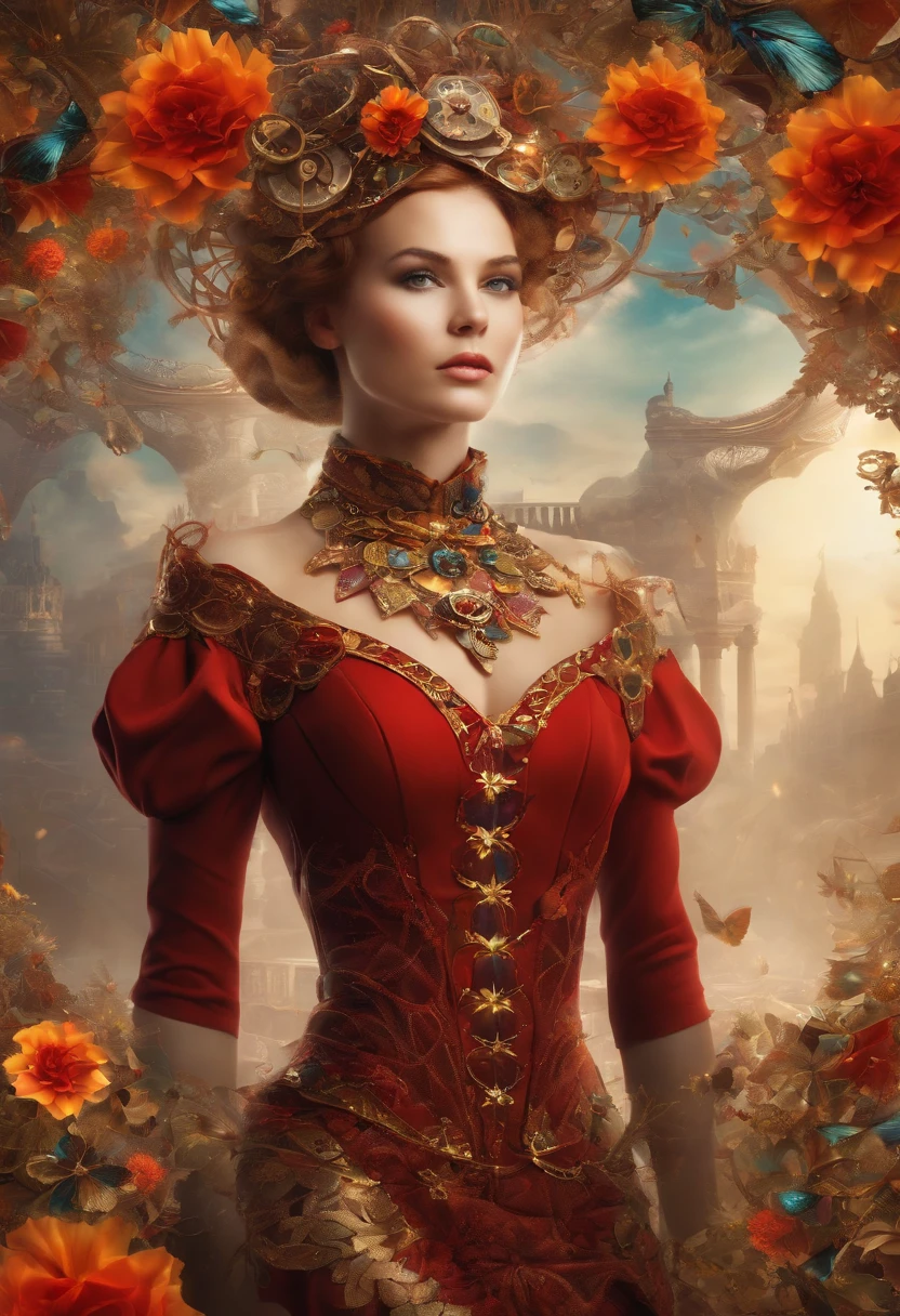 Absurd, high-res, ultra-detail, (1girll:1.3), Steampunk Series Fantasy , optical illusion, Fractal format, Geometric shapes, dynamic, brightly colored, (floral, petals), (gold & red:1),