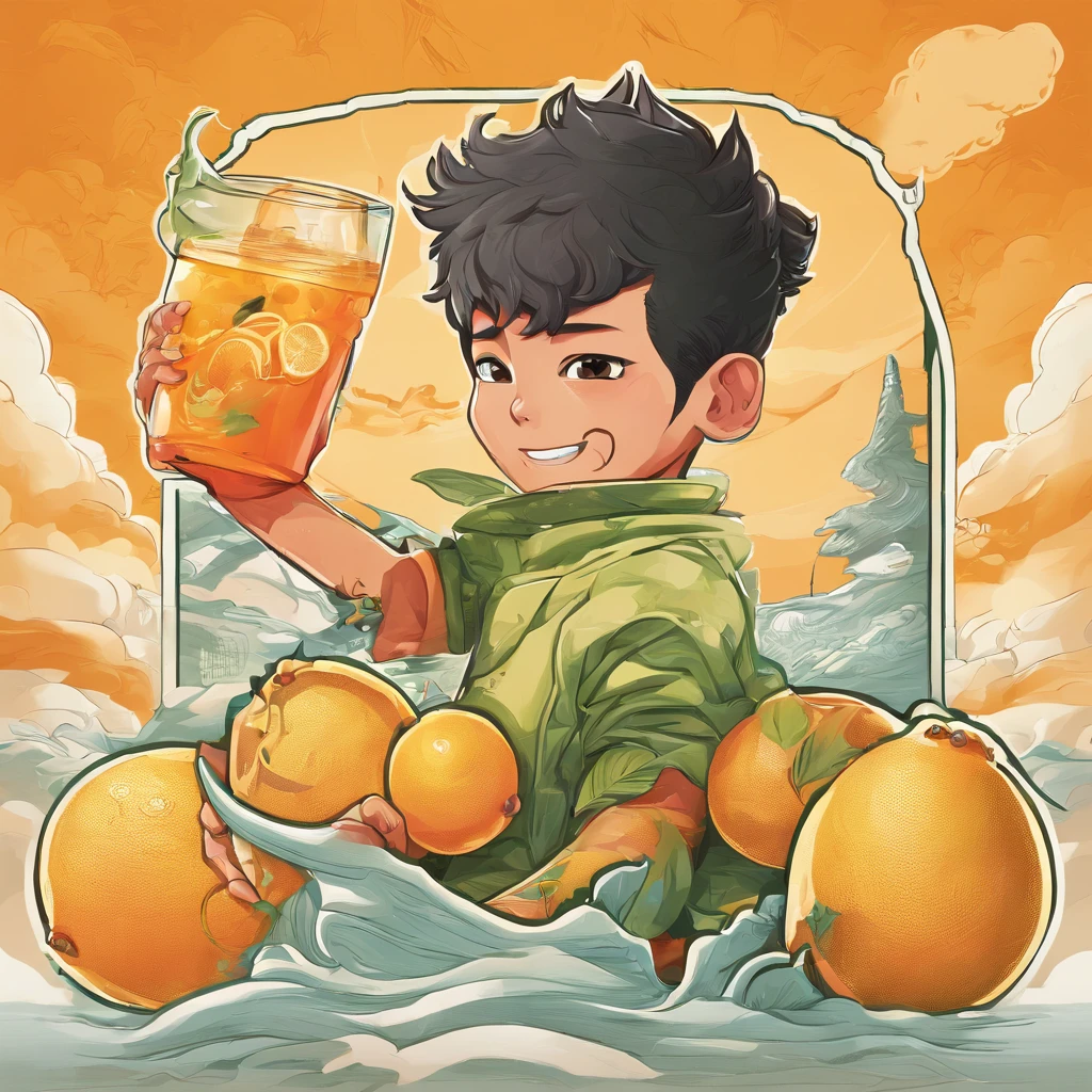 Someone is holding a bottle of orange juice with a sticker, drink, made of drink, it has lemon skin texture, lemon demon, Wang Chen, energy drink, qiangshu, made of lava, daoshu, 千 葉 雄 大, Fire punch, komono, zmonzheng