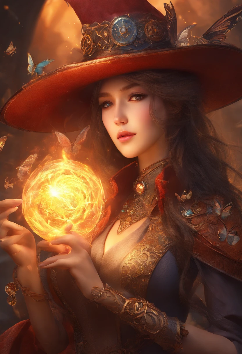 detail, 8k quality, 3d render, cg effect, fantasy, Japanese lady, facing to viewer, long hair, brown hair, full body, holding long fire element magic staff, fire particles, casting fire spell with hand, magic circles, standing, solo, correct ???????, open legs, low angle view, steampunk style clothing(brown, white), brown steampunk hat, black steam punk style dresses, gold necklace(diamond gem), red eyes, correct eyes, detail eyes, correct hand, correct leg, (((full body))), (((powerful))), (((confident))), (((determinative))), night, starry sky, fantasy steampunk castle, full-moon, (((some flame butterflies flying))), fire particles
