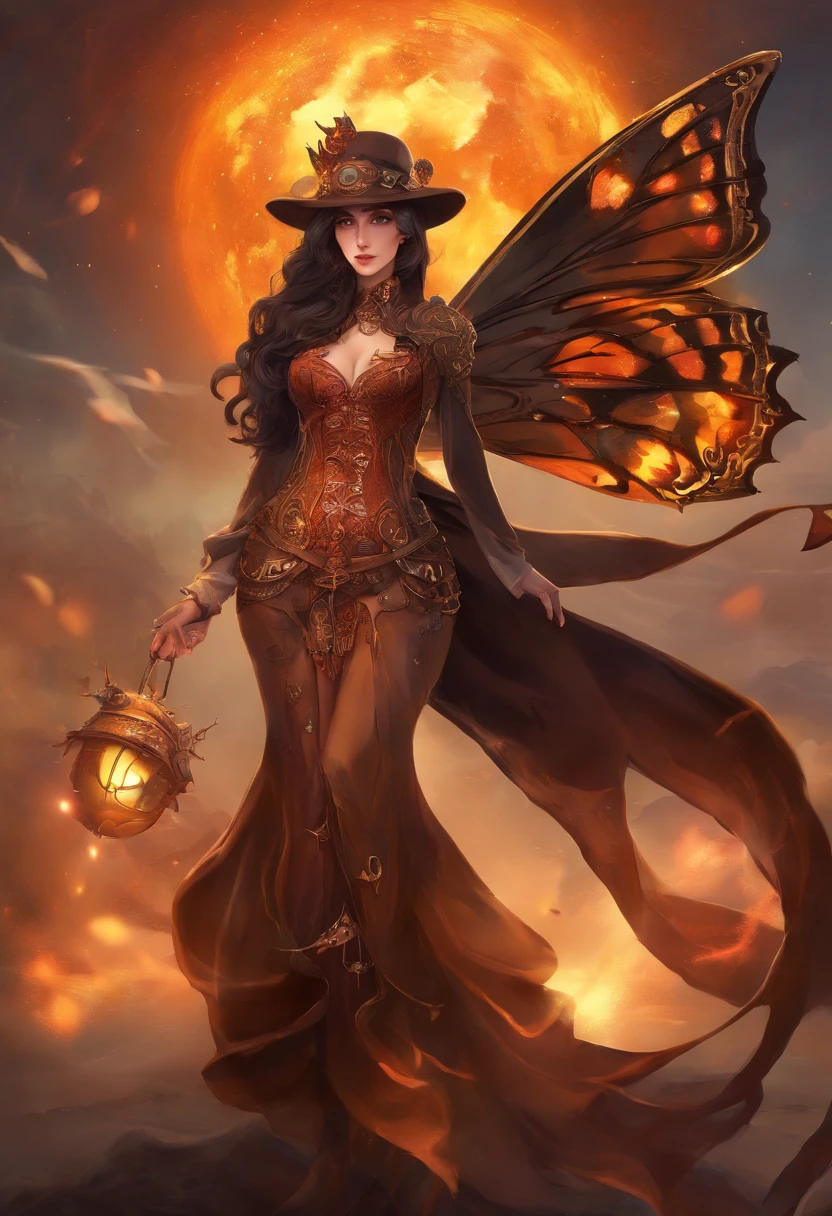 detail, 8k quality, 3d render, cg effect, fantasy, Japanese lady, facing to viewer, long hair, brown hair, full body, holding long fire element magic staff, fire particles, casting fire spell with hand, magic circles, standing, solo, correct anatomy, open legs, low angle view, steampunk style clothing(brown, white), brown steampunk hat, black steam punk style dresses, gold necklace(diamond gem), red eyes, correct eyes, detail eyes, correct hand, correct leg, (((full body))), (((powerful))), (((confident))), (((determinative))), night, starry sky, fantasy steampunk castle, full-moon, (((some flame butterflies flying))), fire particles