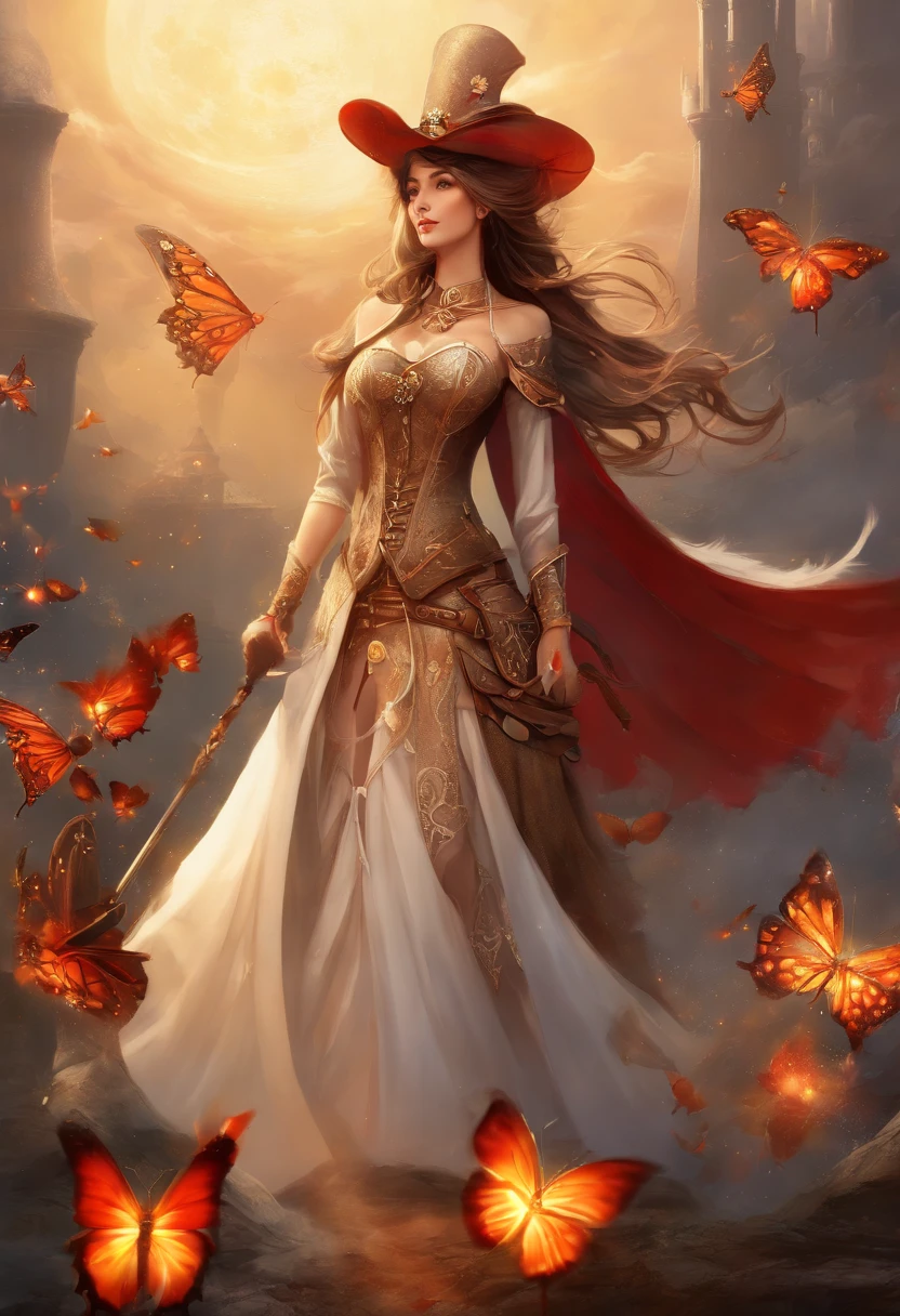 detail, 8k quality, 3d render, cg effect, fantasy, Japanese lady, facing to viewer, long hair, brown hair, full body, holding long fire element magic staff, fire particles, casting fire spell with hand, magic circles, standing, solo, correct anatomy, open legs, low angle view, steampunk style clothing(brown, white), brown steampunk hat, black steam punk style dresses, gold necklace(diamond gem), red eyes, correct eyes, detail eyes, correct hand, correct leg, (((full body))), (((powerful))), (((confident))), (((determinative))), night, starry sky, fantasy steampunk castle, full-moon, (((some flame butterflies flying))), fire particles