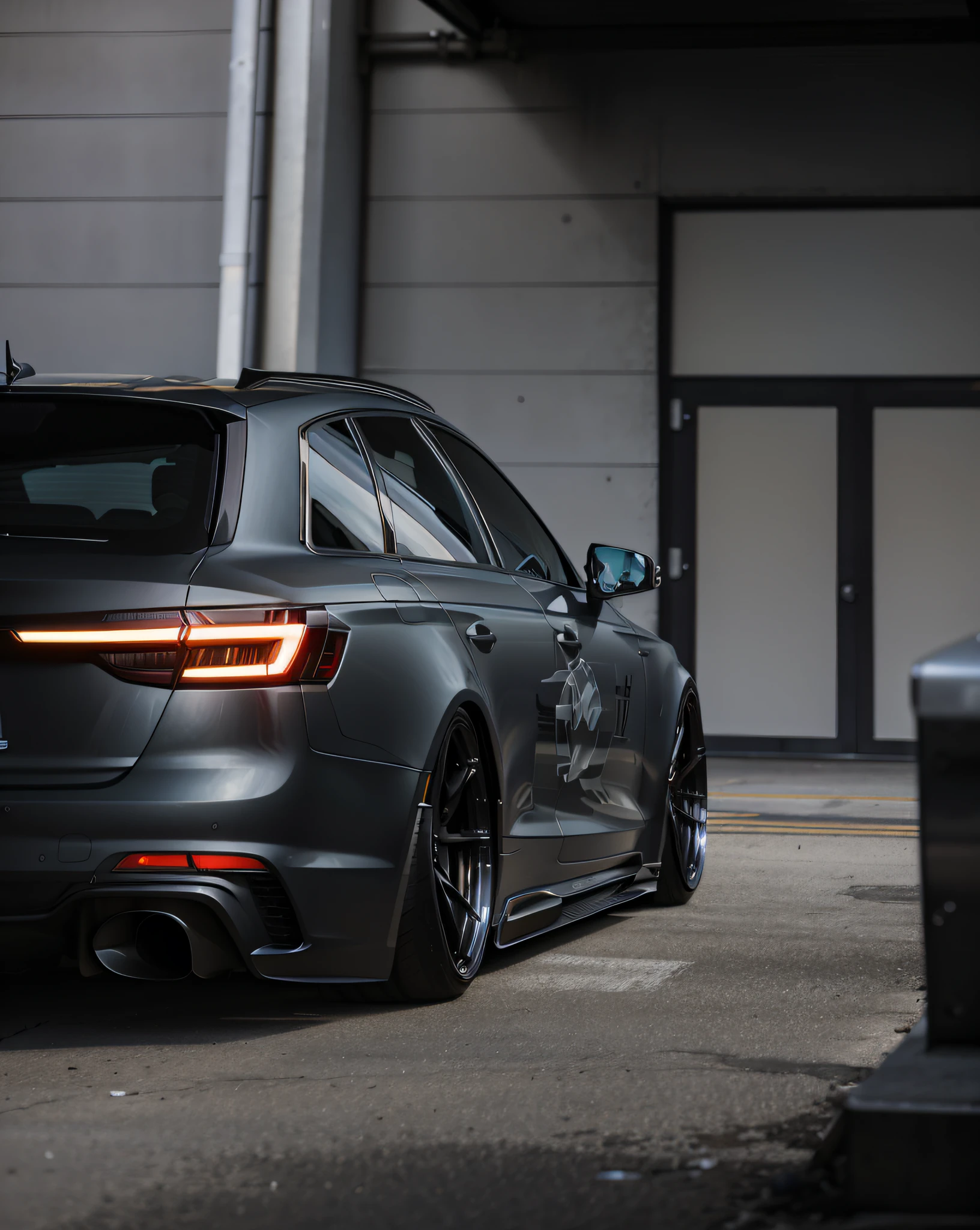Close-up of car parked in parking lot, Wide body, tuning, wide long shot, low view, tuning, matte black, ultra realistic”, ultra realistic”, Low angle, ultra realistic”, hyperrealistic”, Frontlighting, wide wide shot, desaturated, The light from the back window is backlighted, matte paint, medium to long shot, ultrawide, Low sunset, Flavi Audi style