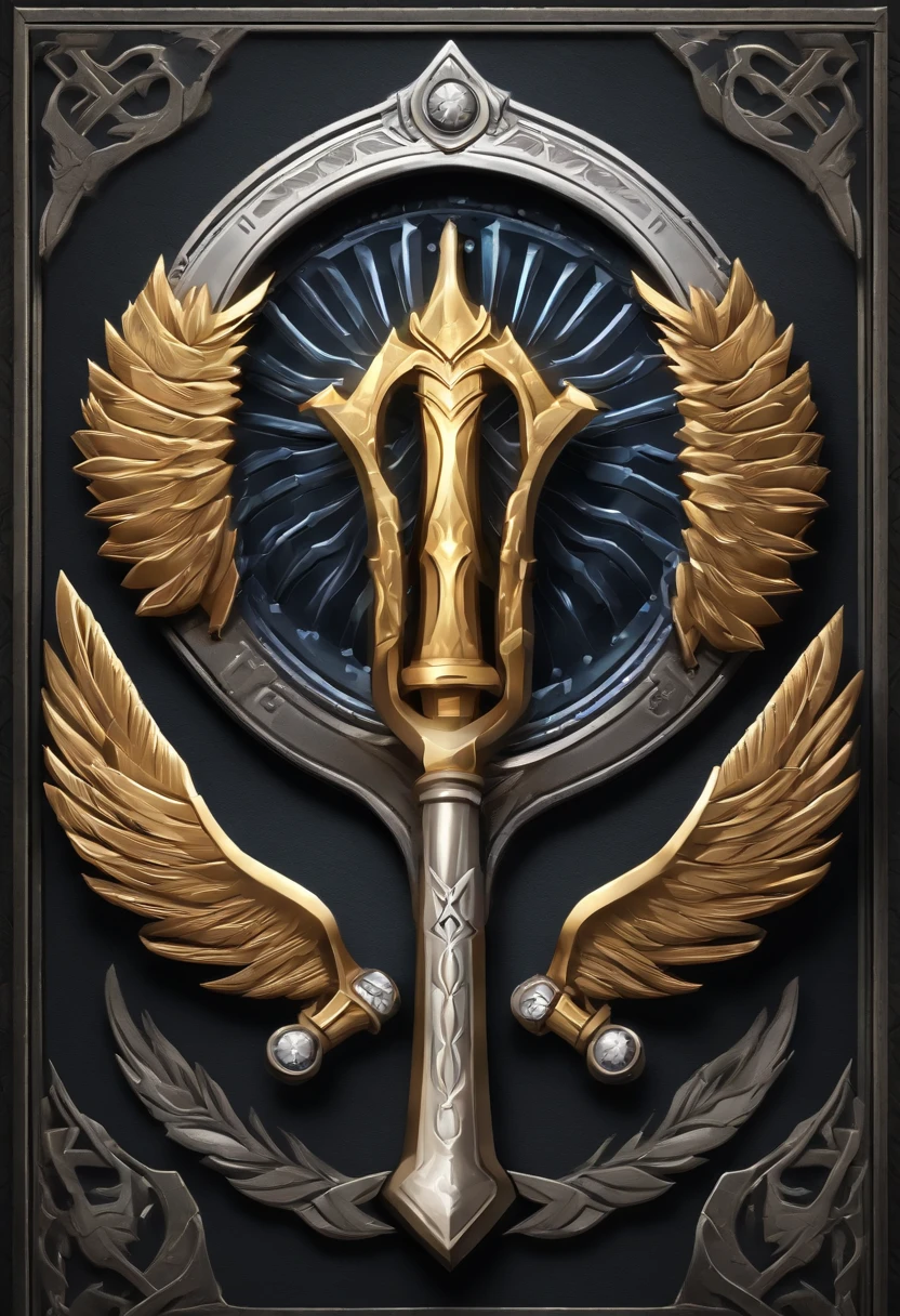 （Game achievement badge design），silver medal，Flat 2D Effects，Wheat border ears，(In the center of the medallion are wings、There is an icon at the intersection of the hammer and wrench)、sword and magic