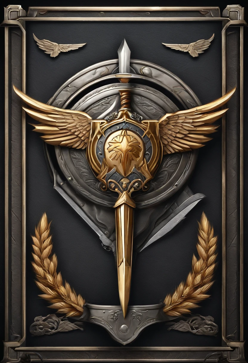 （Game achievement badge design），silver medal，Flat 2D Effects，Wheat border ears，(In the center of the medallion are wings、There is an icon at the intersection of the hammer and wrench)、sword and magic