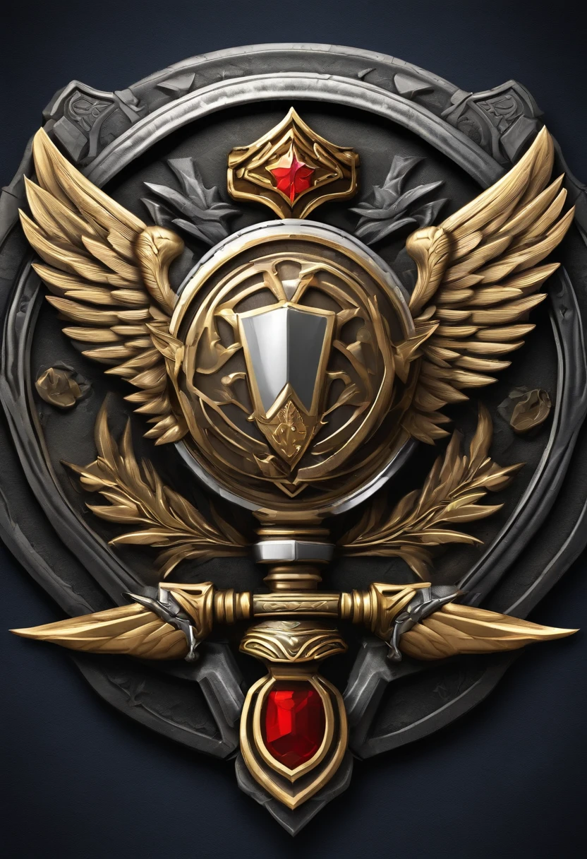 （Game achievement badge design），silver medal，Flat 2D Effects，Wheat border ears，(In the center of the medallion are wings、There is an icon at the intersection of the hammer and wrench)、sword and magic