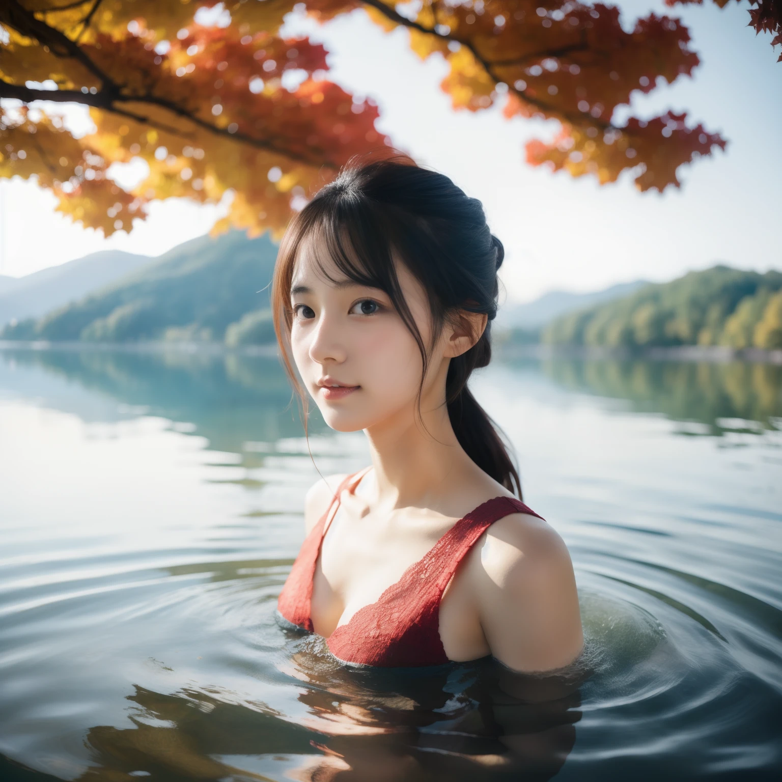 Beautuful Women、18year old 、body shot、Colored leaves、lake