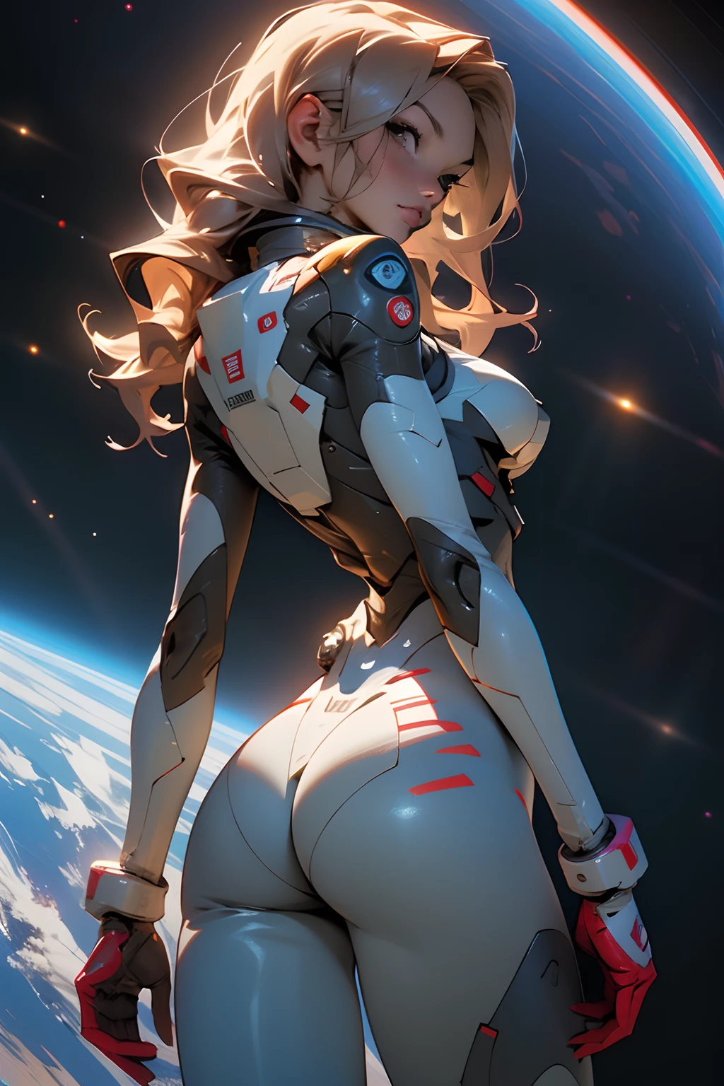 rear view, turning away from the viewer, backside view, sandy hair, fit body, large breasts, slender thighs, slender waist, pilot suit, solo, looking away from the viewer, not looking at viewer, in space, long hair, blushing, slight smile, 8k, extreme detail, sharp detail on face, beautiful face,