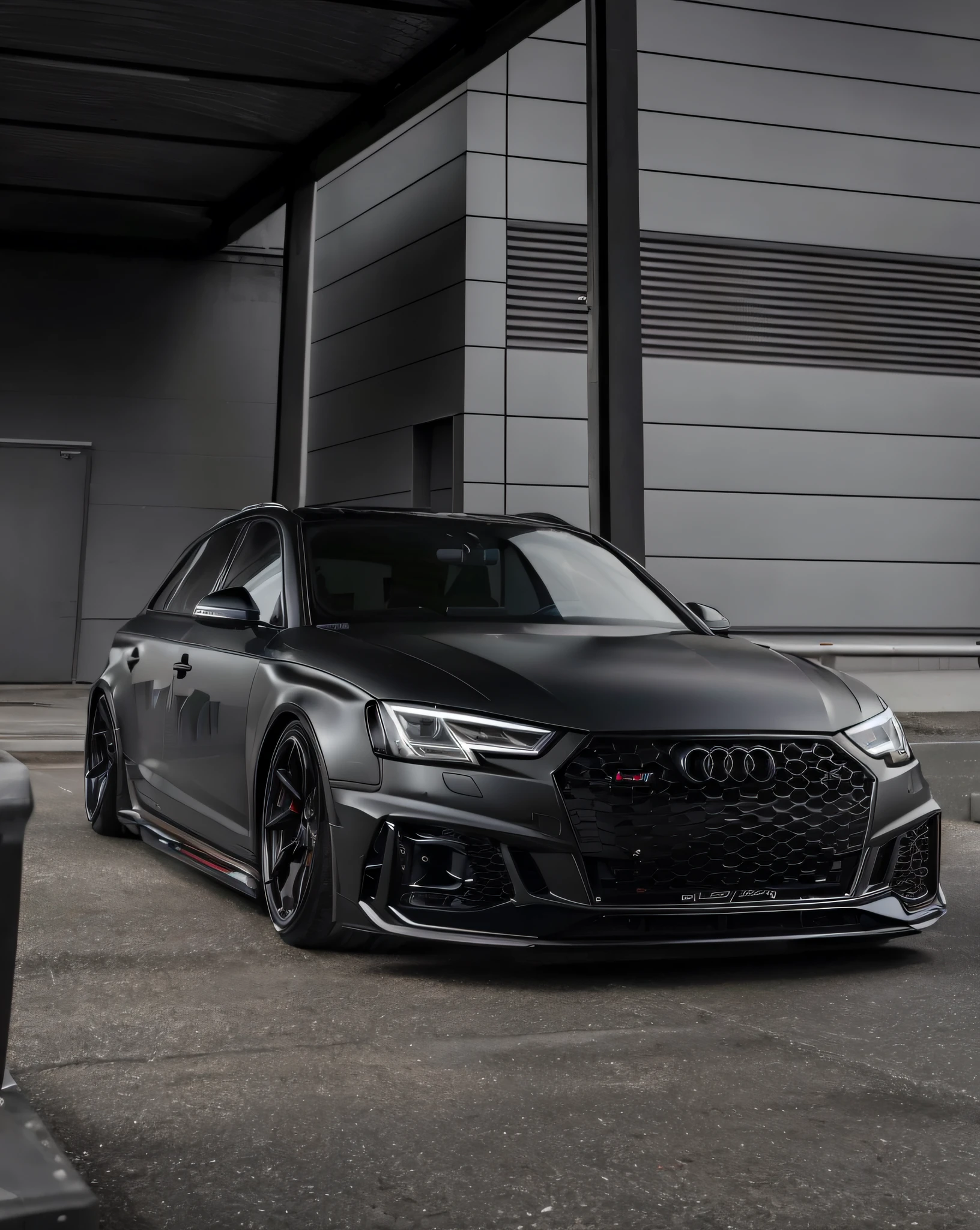 A black Audi RS4 is parked in front of a building, Wide body, s line, ultra realistic”, ultra realistic”, 🤬 🤮 💕 🎀, matte black, stealthy, modern minimalist f 2 0 clean, tuning, hyperrealistic”, ultra realistic”, taken with canon 5d mk4, all black matte product, Flavi Audi style, angled