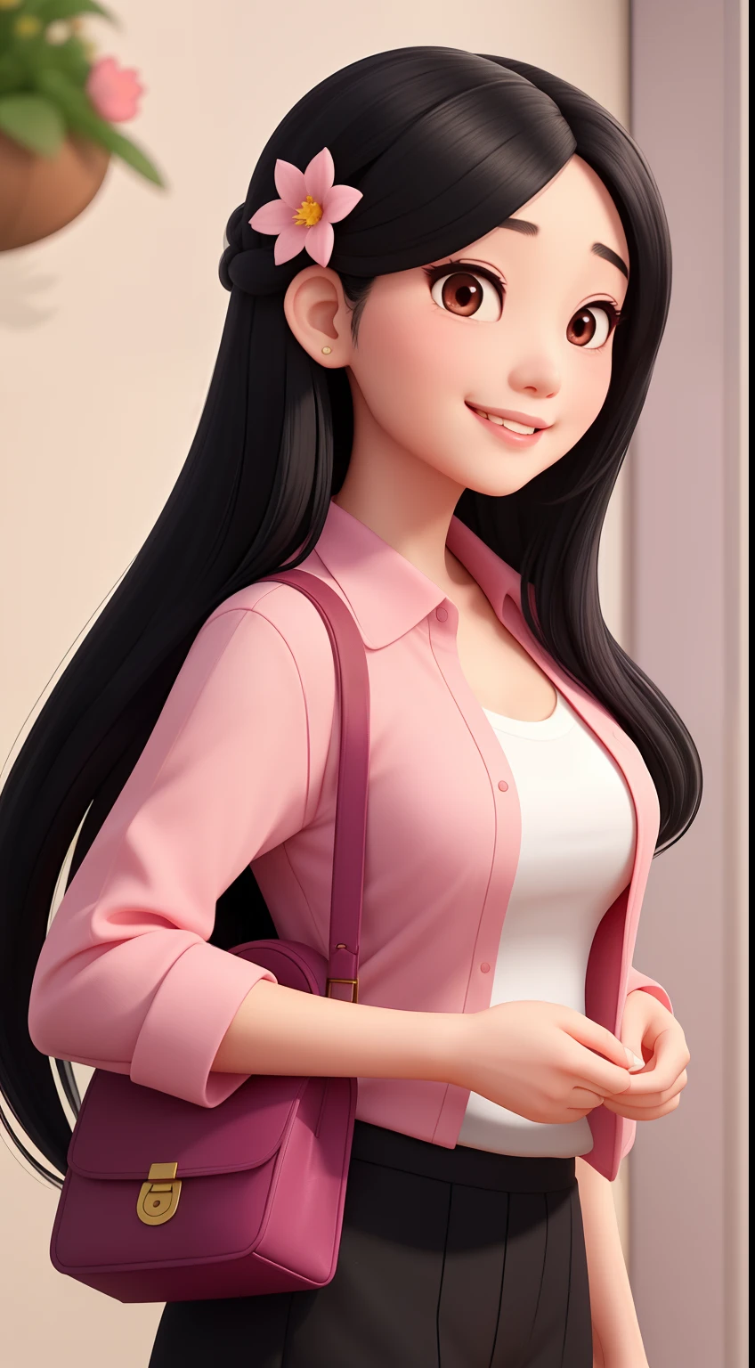 30 age old,Asian woman with long black hair, Flowers in hand,Pink clothes,face round, with a round face,attractive smile, and black eyes, full bodyesbian